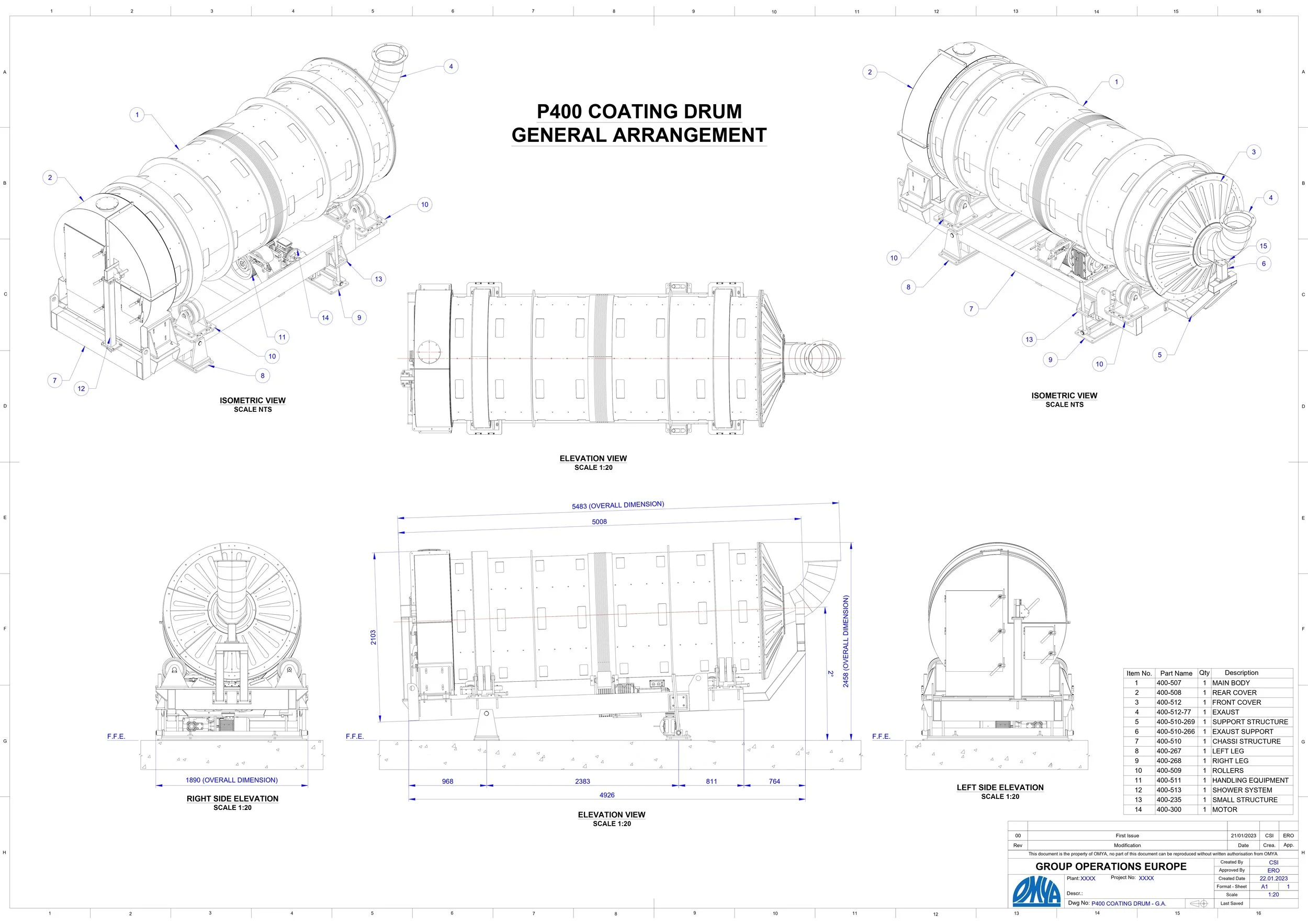 Technical drawing of a P400 coating drum displaying multiple views: isometric, elevation, right side, and left side, including detailed measurements and annotations.