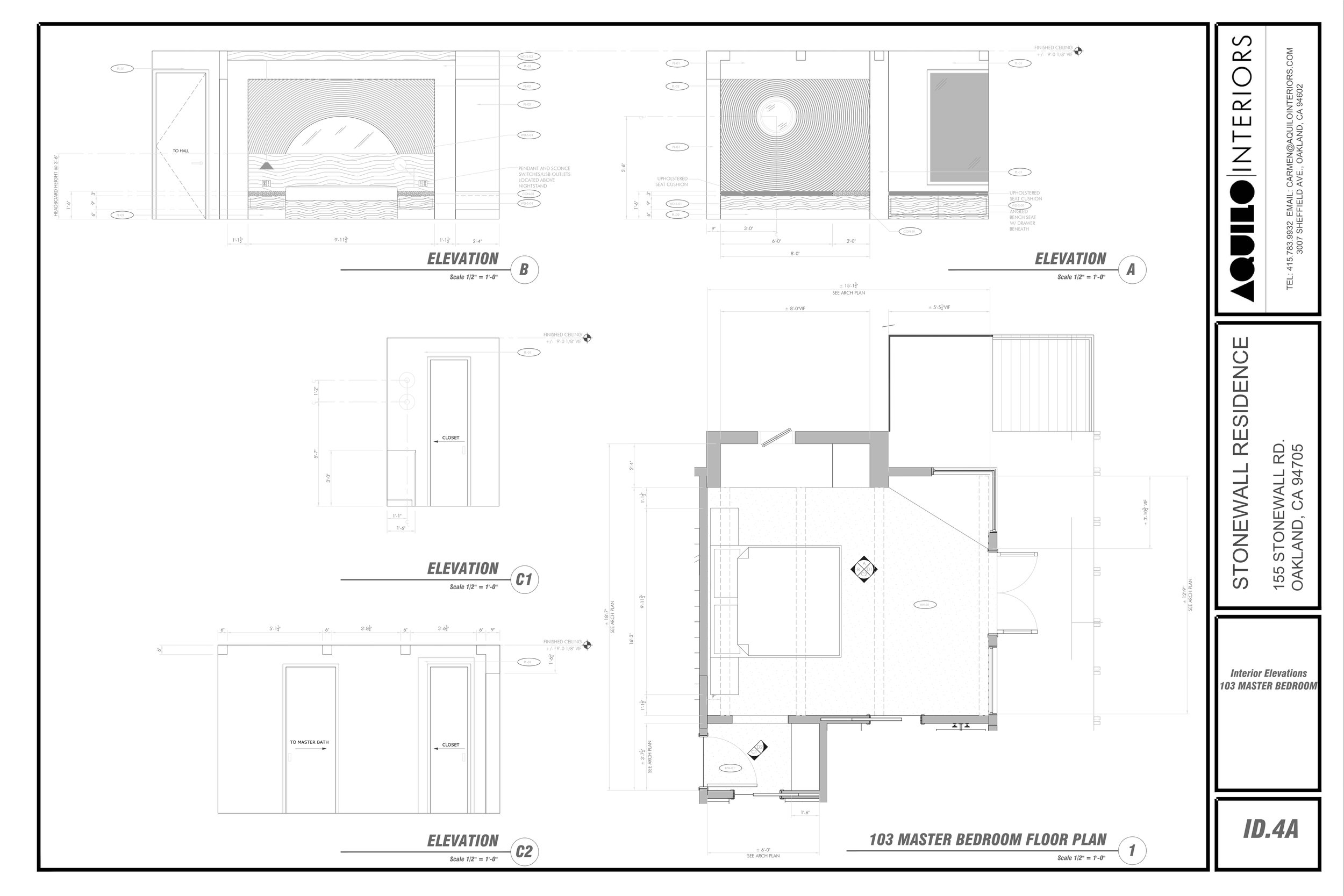 Architectural floor plan and elevation drawings of a residential property, including the master bedroom layout, closet, and ceiling details.