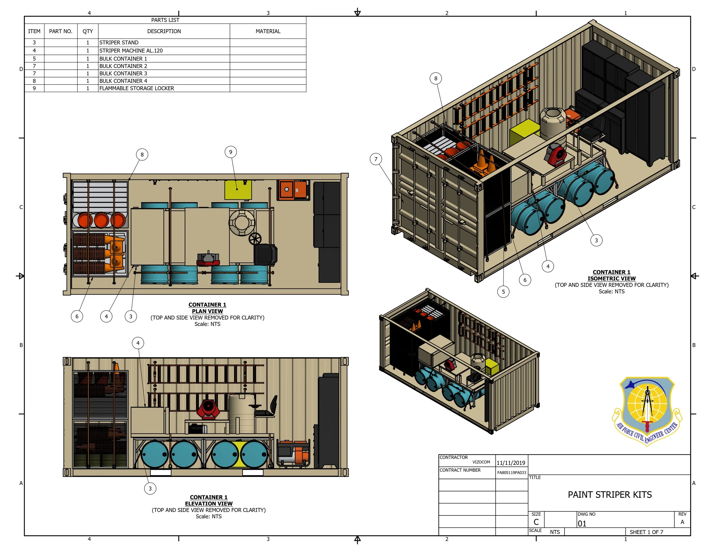 Technical schematic drawing of a paint striping kit in a shipping container, showing plans, elevation, and isometric views with labeled equipment, storage lockers, and tools.