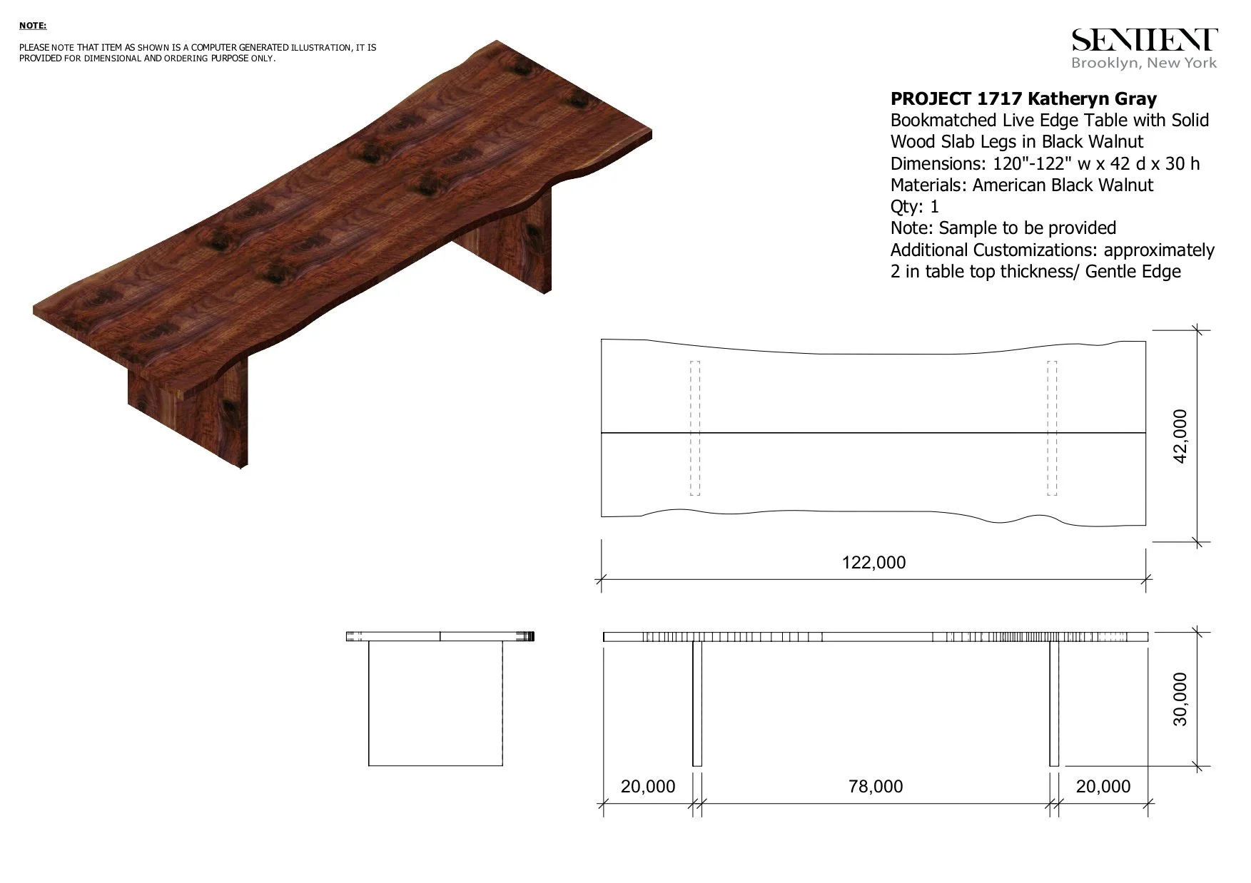A detailed engineering drawing of a live edge table with solid wood slab legs in black walnut, including a 3D rendering of the table, technical side and top plan views, along with dimensions and specifications.