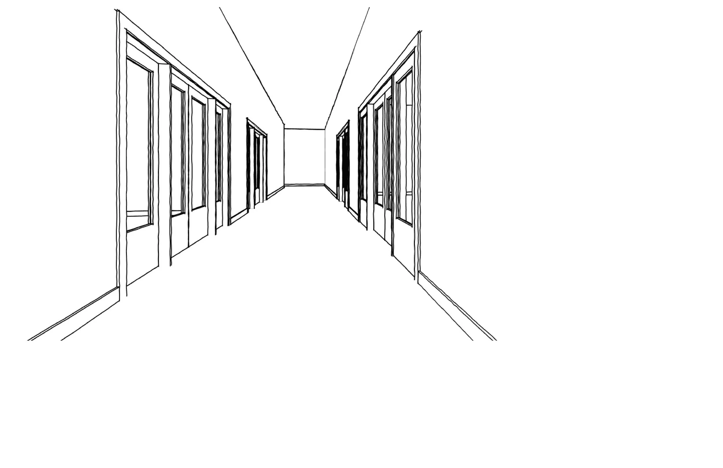 Line drawing of an indoor hallway with multiple doors on either side.