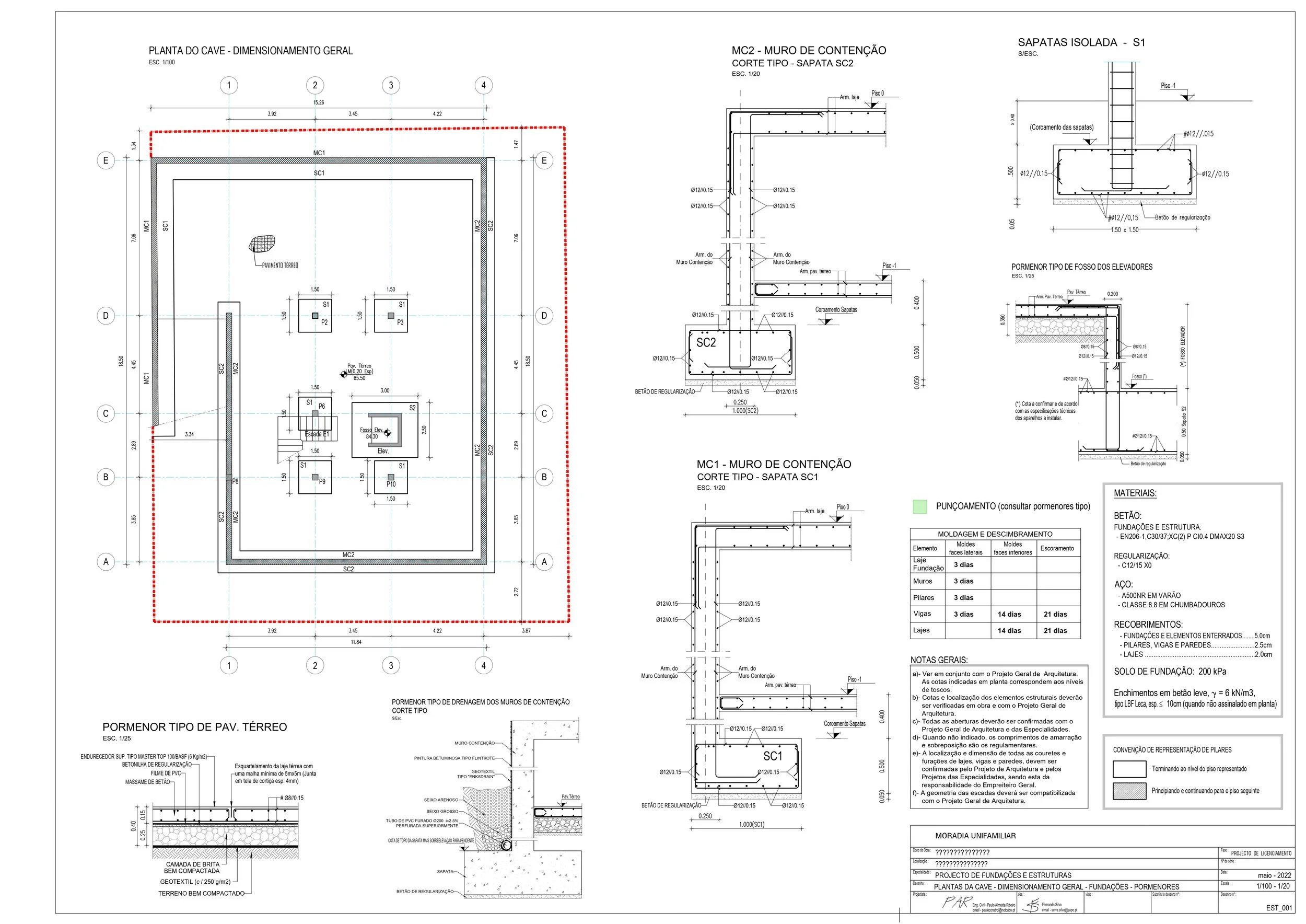 Architectural blueprint of a foundation for a building, showing top view, sections, and details of containment wall, drainage, and flooring.