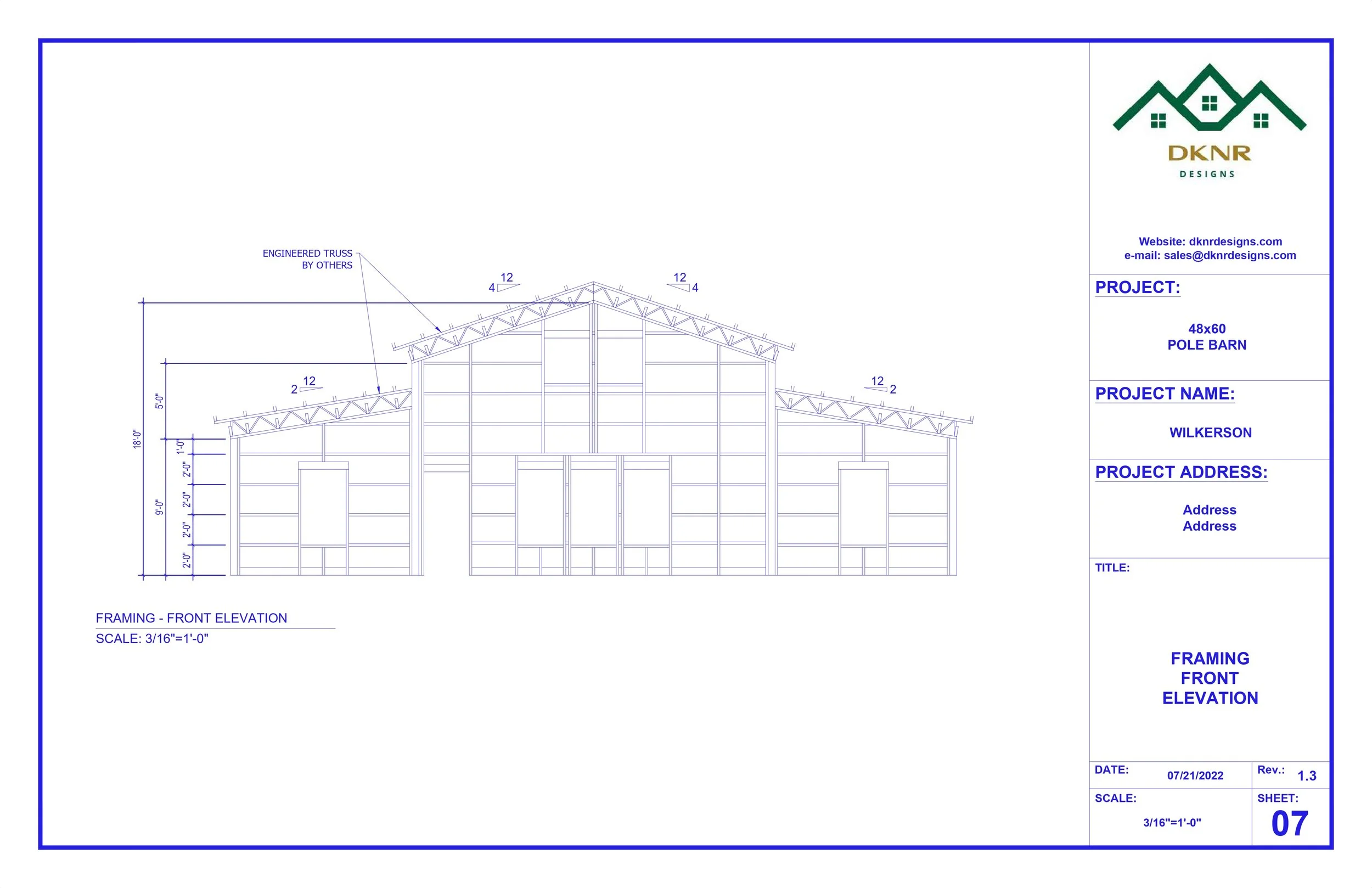 Architectural blueprint of a pole barn with front elevation view, showing framing structure, roof trusses, and measurements, labeled with project details and company information.