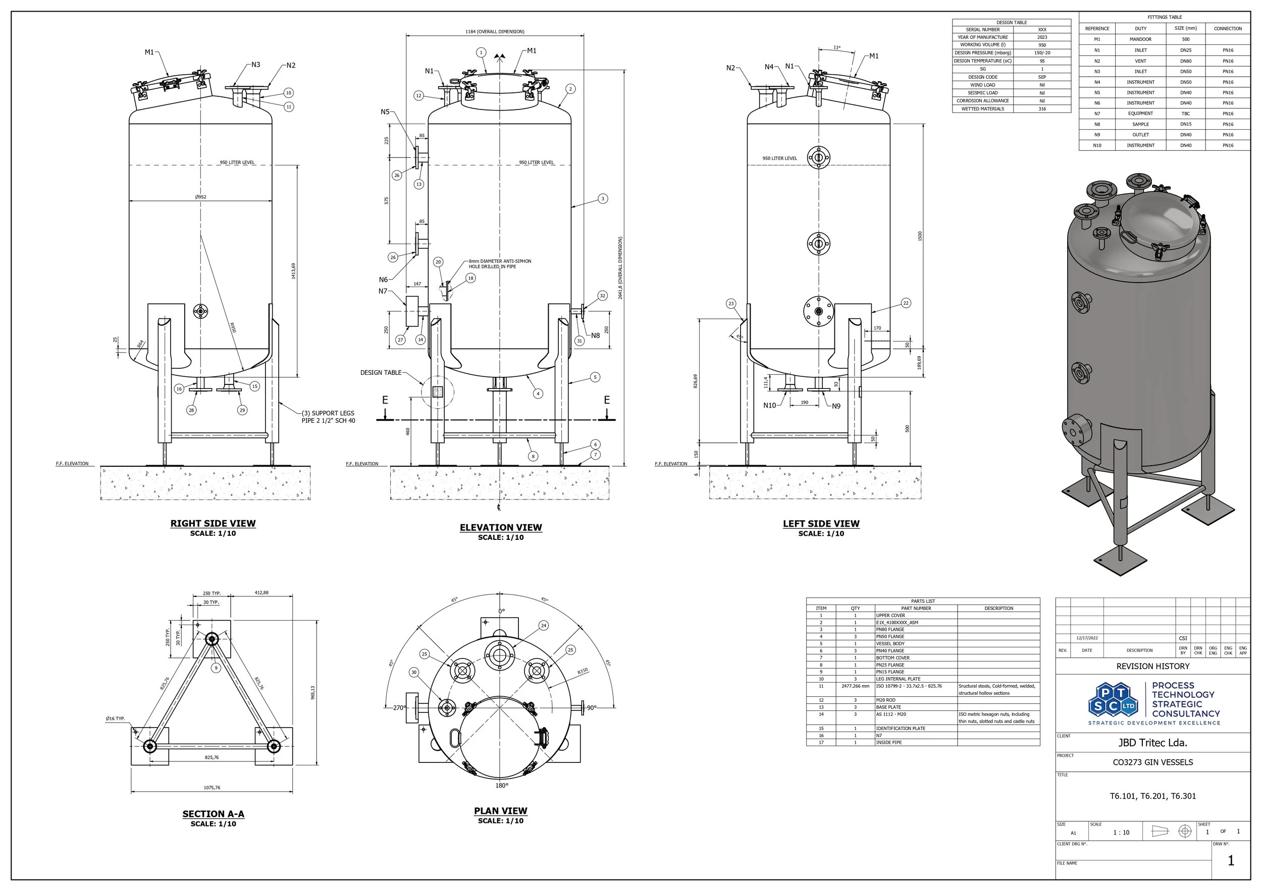 Technical engineering drawing of a vertical cylindrical tank with detailed front, side, top views, cross-section, and isometric perspective, including measurements, components, and specifications.