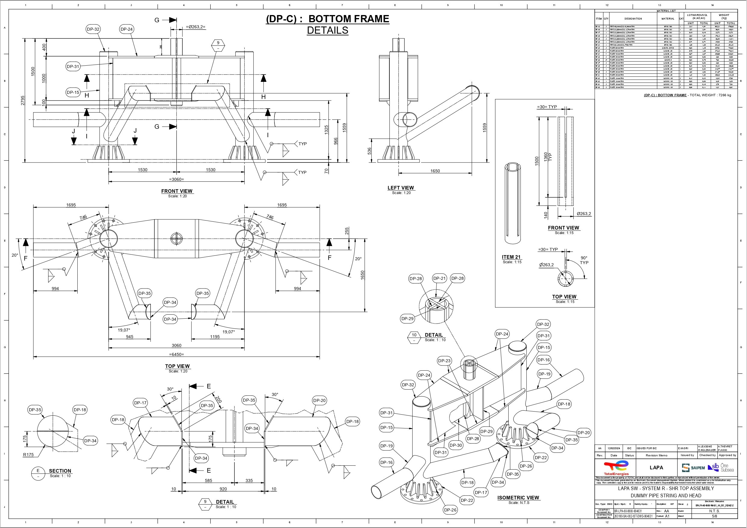Engineering technical drawing of the bottom frame assembly for a system labeled LAPA SW, with multiple detailed views, dimensions, and annotations of pipe components, connections, and structure.