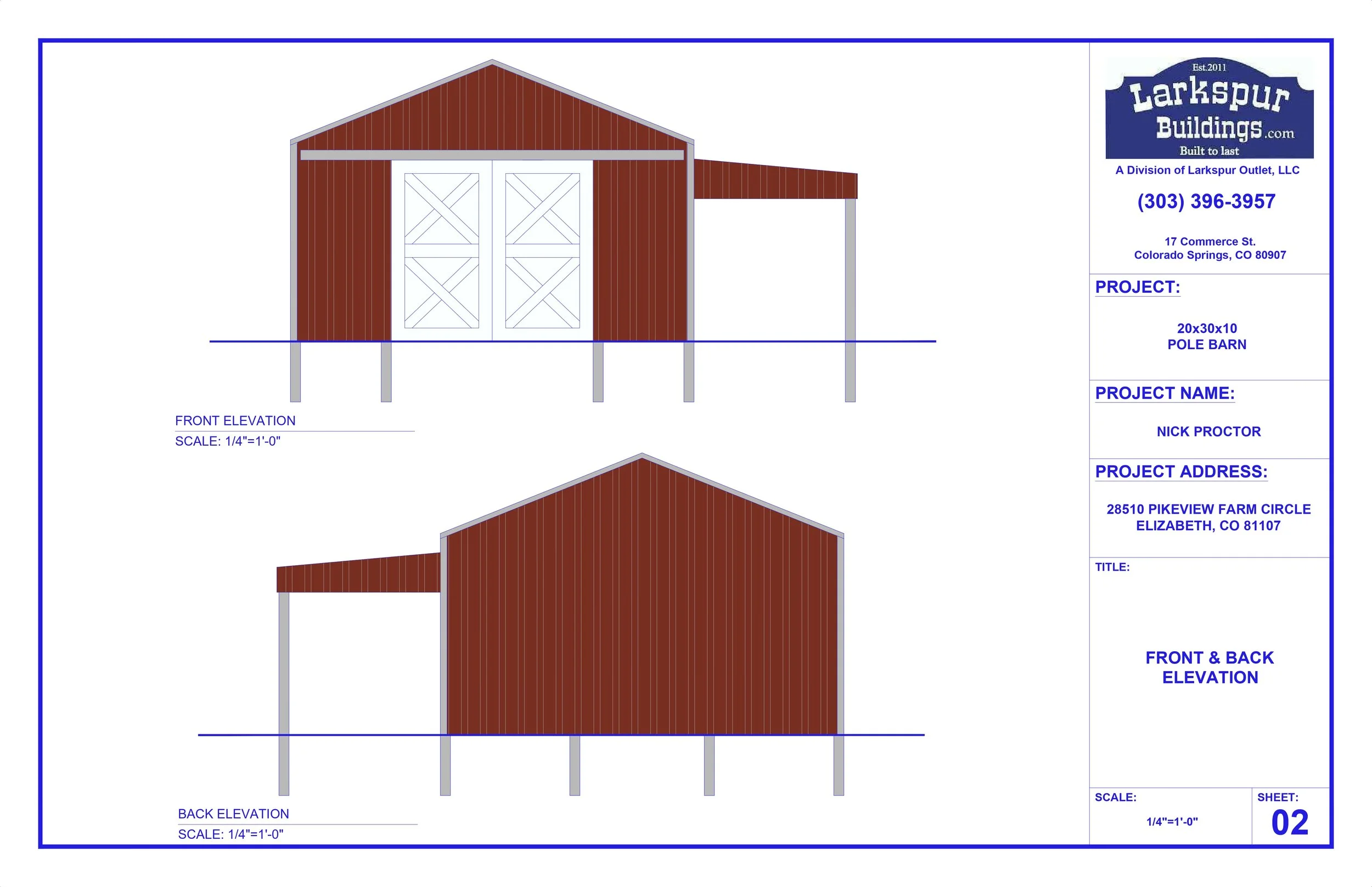 Blueprint drawing of a pole barn, showing front and back elevation views with red vertical siding, large double doors, and supporting posts. The title block includes project details, contact information, and scale.