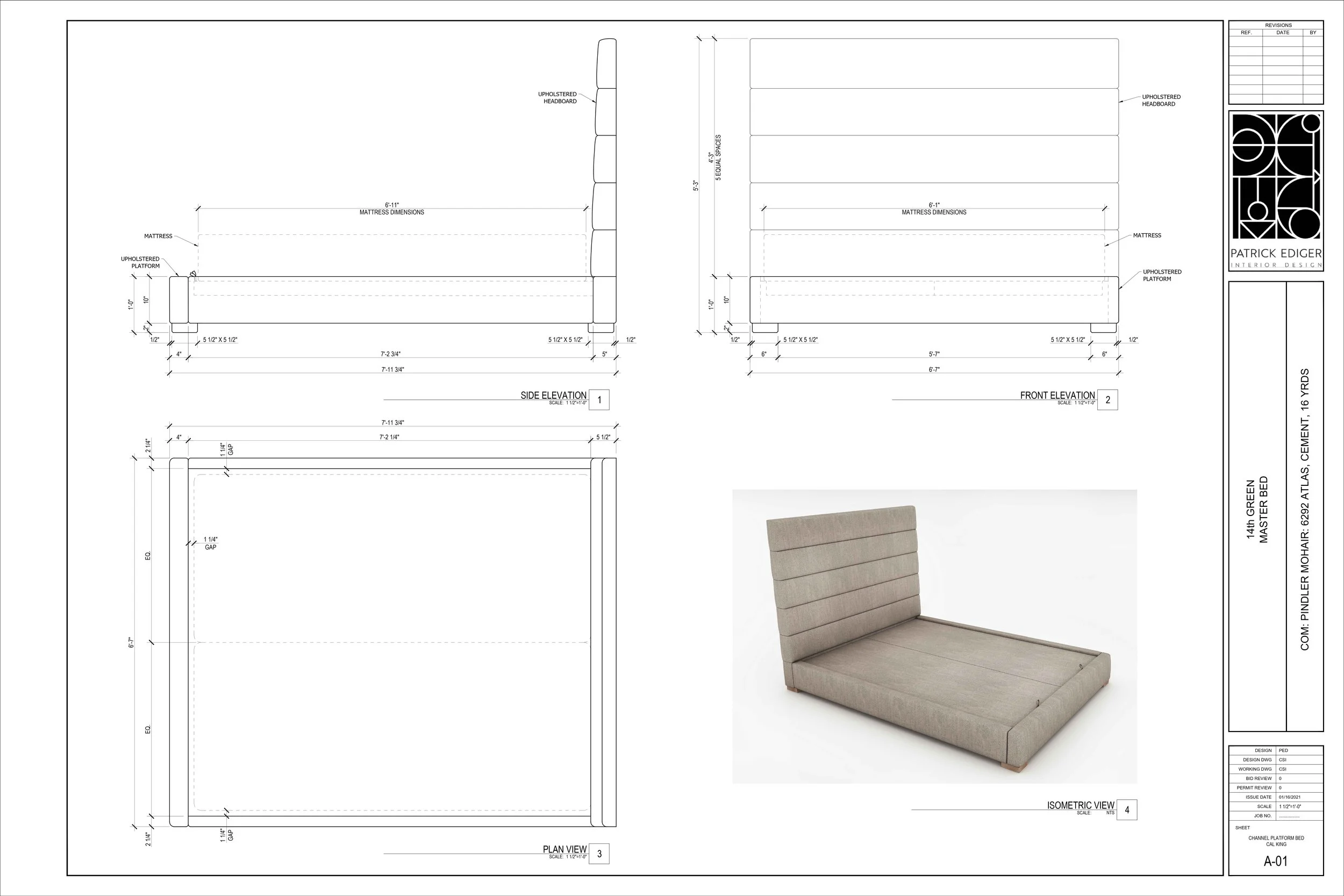 Design blueprint and a photo of a beige upholstered channel platform bed with a high headboard, including side, front, plan, and isometric views.