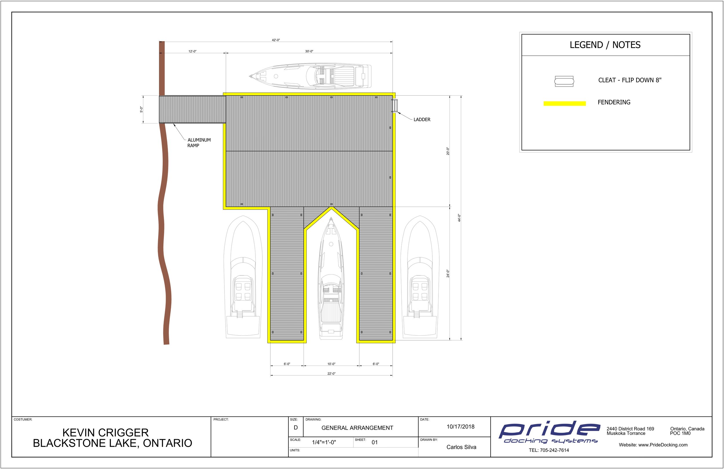 Technical drawing of a boat dock layout with measurements, including parking spaces and a ramp, with the legend indicating fencing in yellow and cleats.