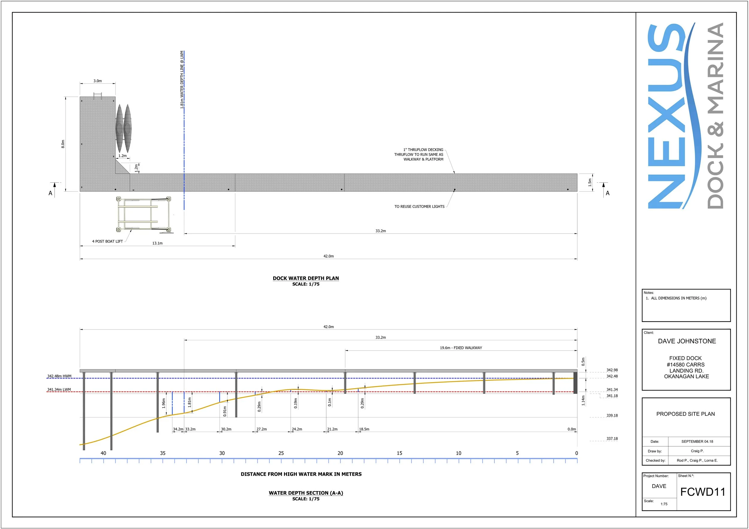 Technical blueprint of a dock water depth plan, including measurements, construction notes, and elevation profile.