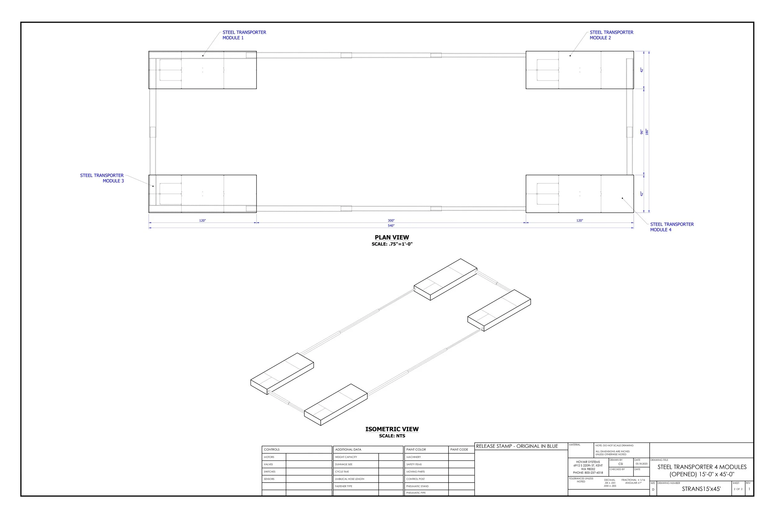 Technical drawing of four steel transporter modules, top view and isometric view, with dimensions and labels.