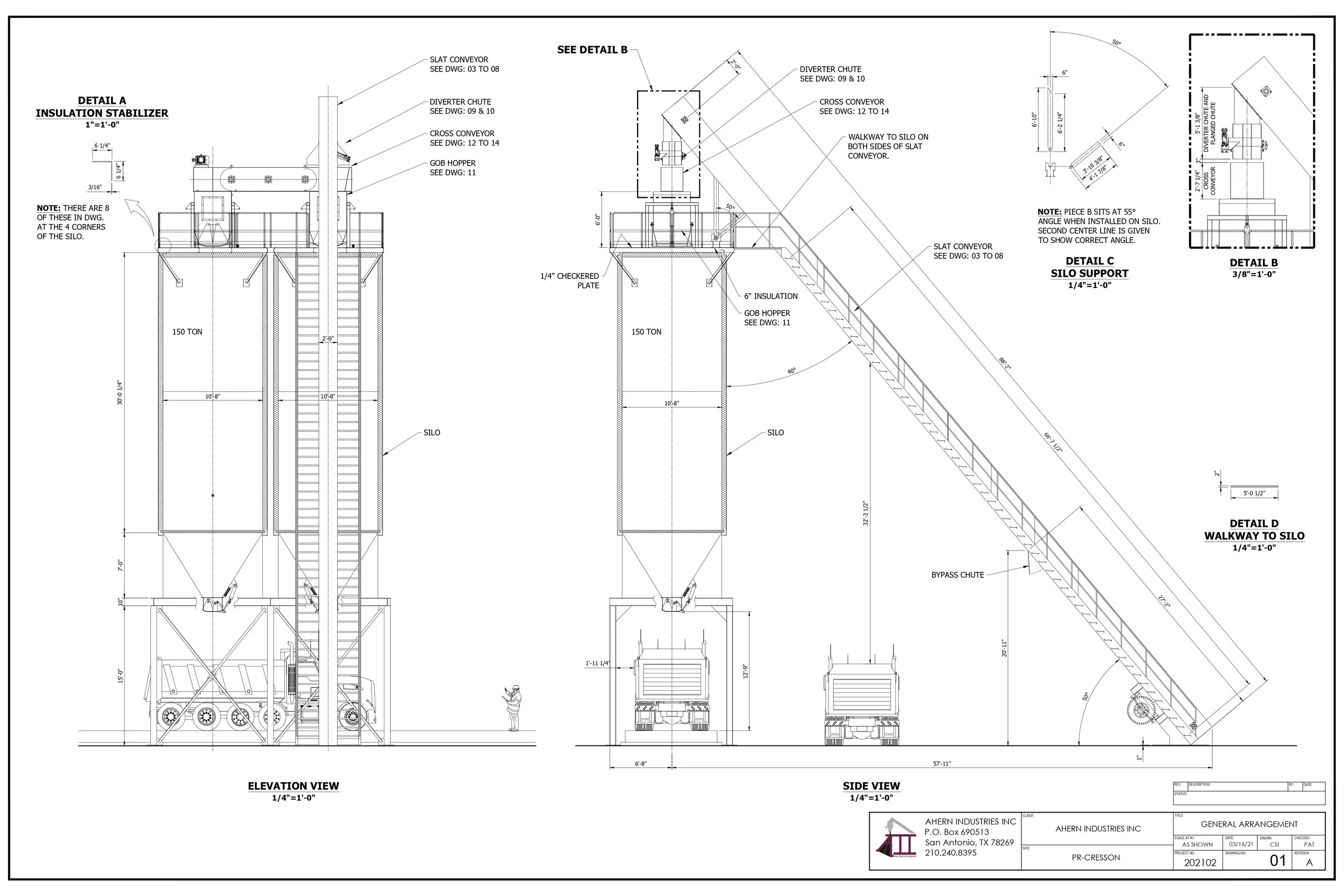 Technical engineering drawing of a silo system, showing elevation and side views with detailed labels for components like conveyors, chutes, and supports.