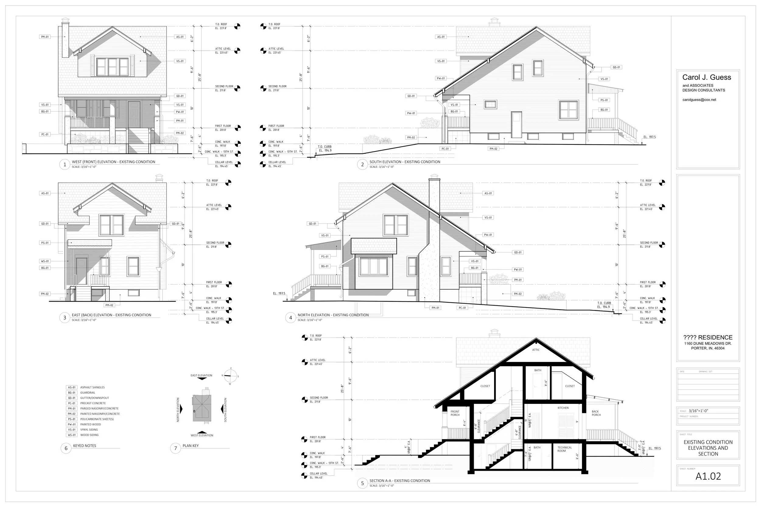 Architectural blueprint of a two-story house showing front, back, side, and cross-sectional views with measurements and design notes.