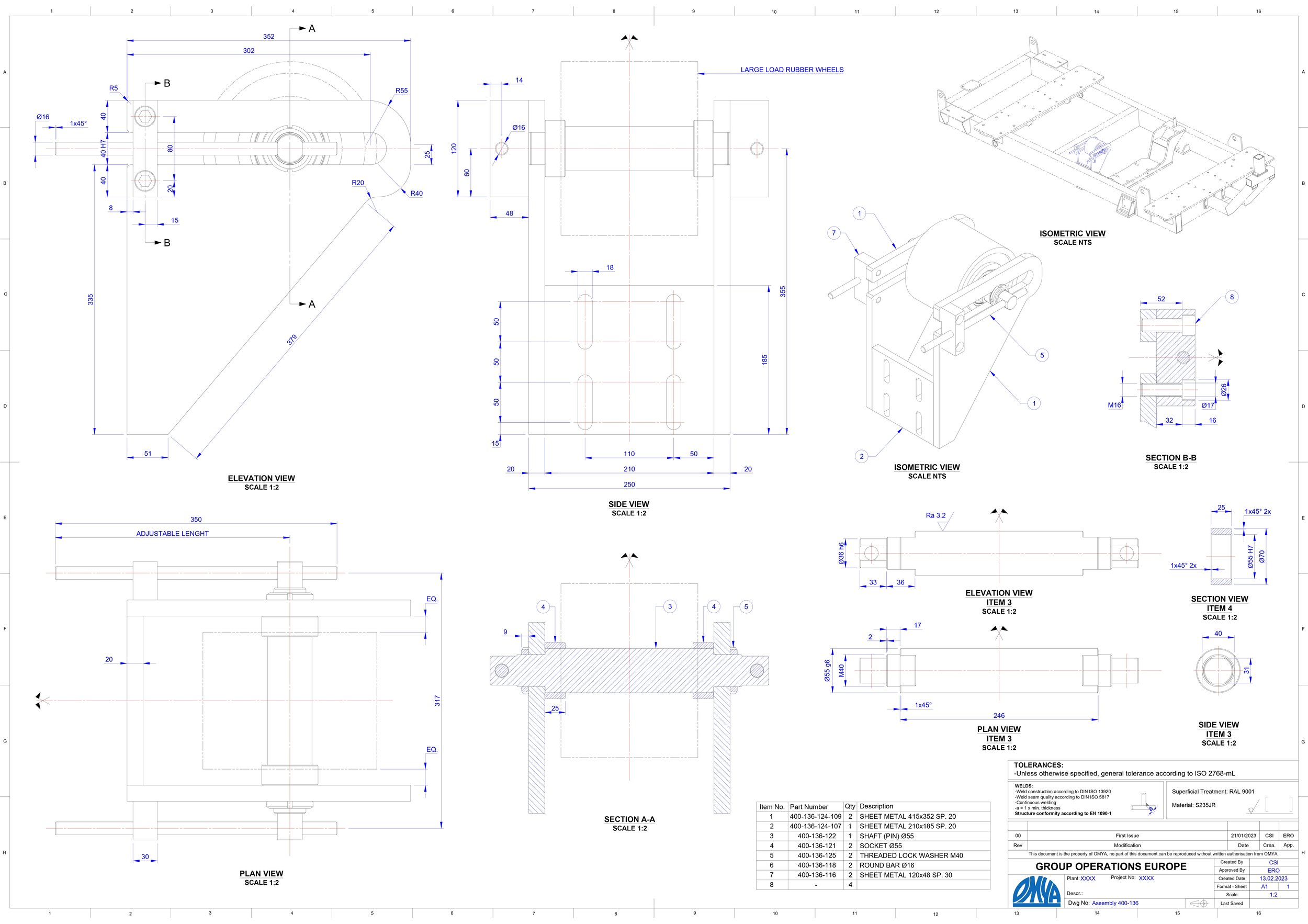 Technical engineering drawing with multiple views and dimensions of mechanical parts, including top, side, elevation, plan, sectional, and isometric views, along with detailed measurements and annotations.