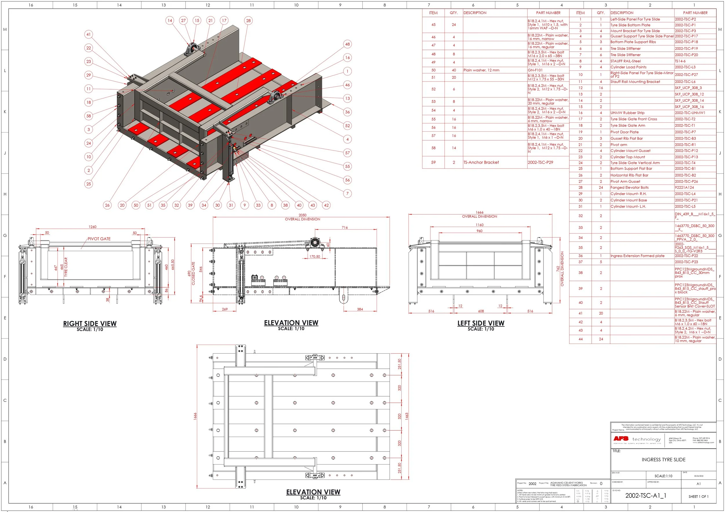 Technical drawing of an ingress tyre slide showing three views: right side, elevation, and left side, with detailed measurements and annotations.