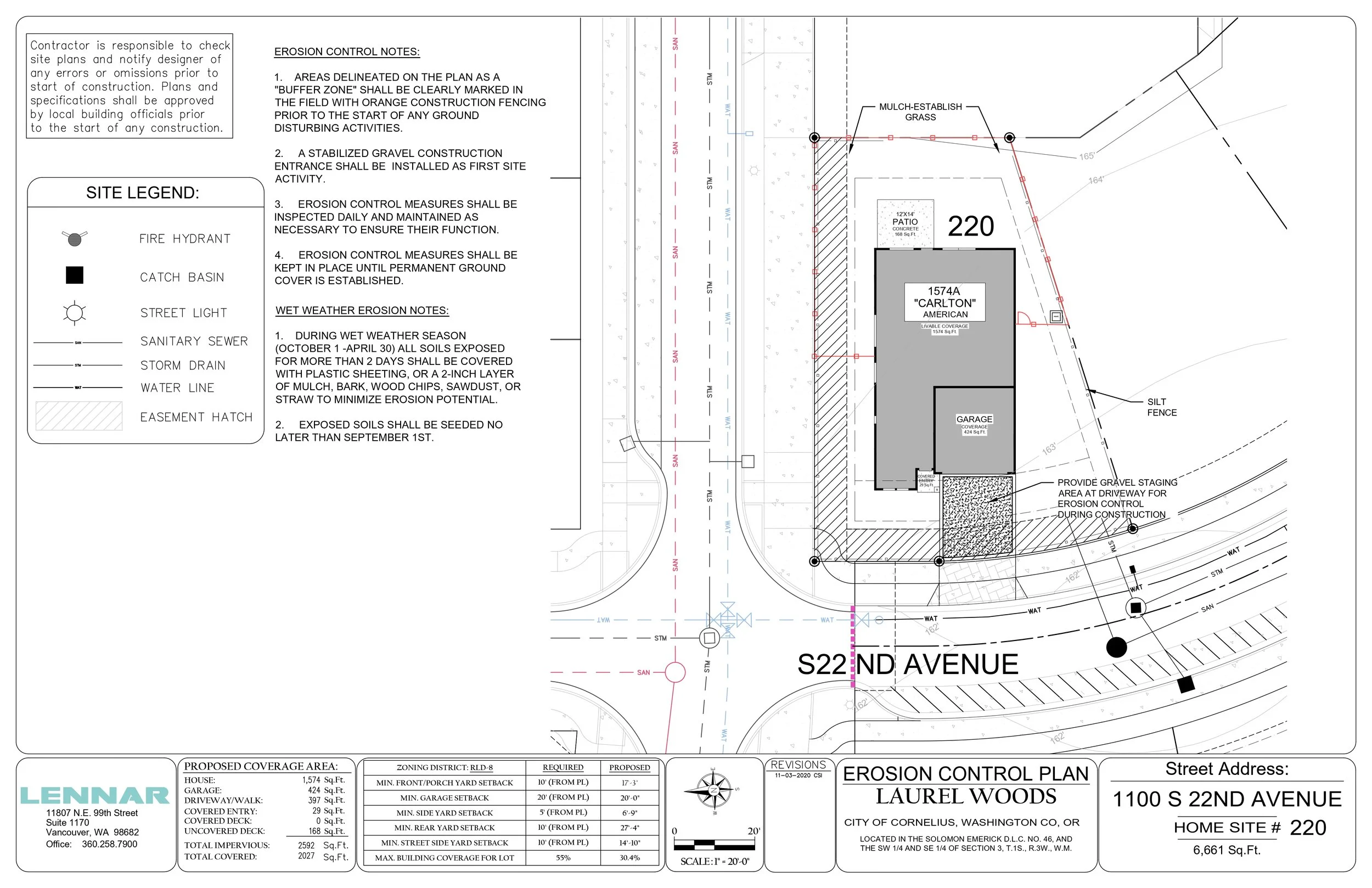 Erosion control plan for a residential construction site. The plan includes notes on erosion control measures, wet weather erosion notes, and site legend symbols for fire hydrant, catch basin, street light, sanitary sewer, storm drain, water line, an