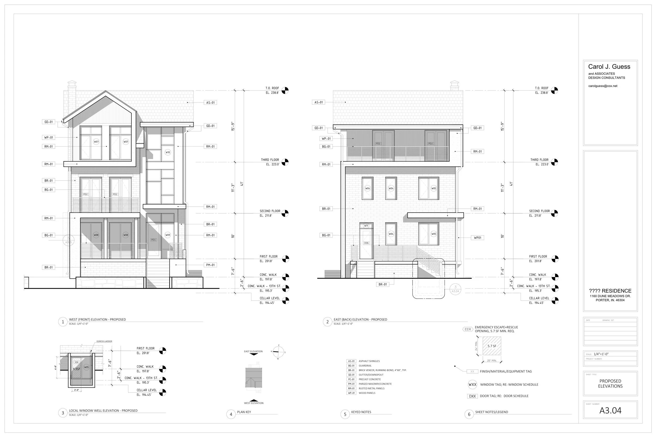 Architectural blueprint of a proposed residential building with front and side elevations, measurements, and construction notes.