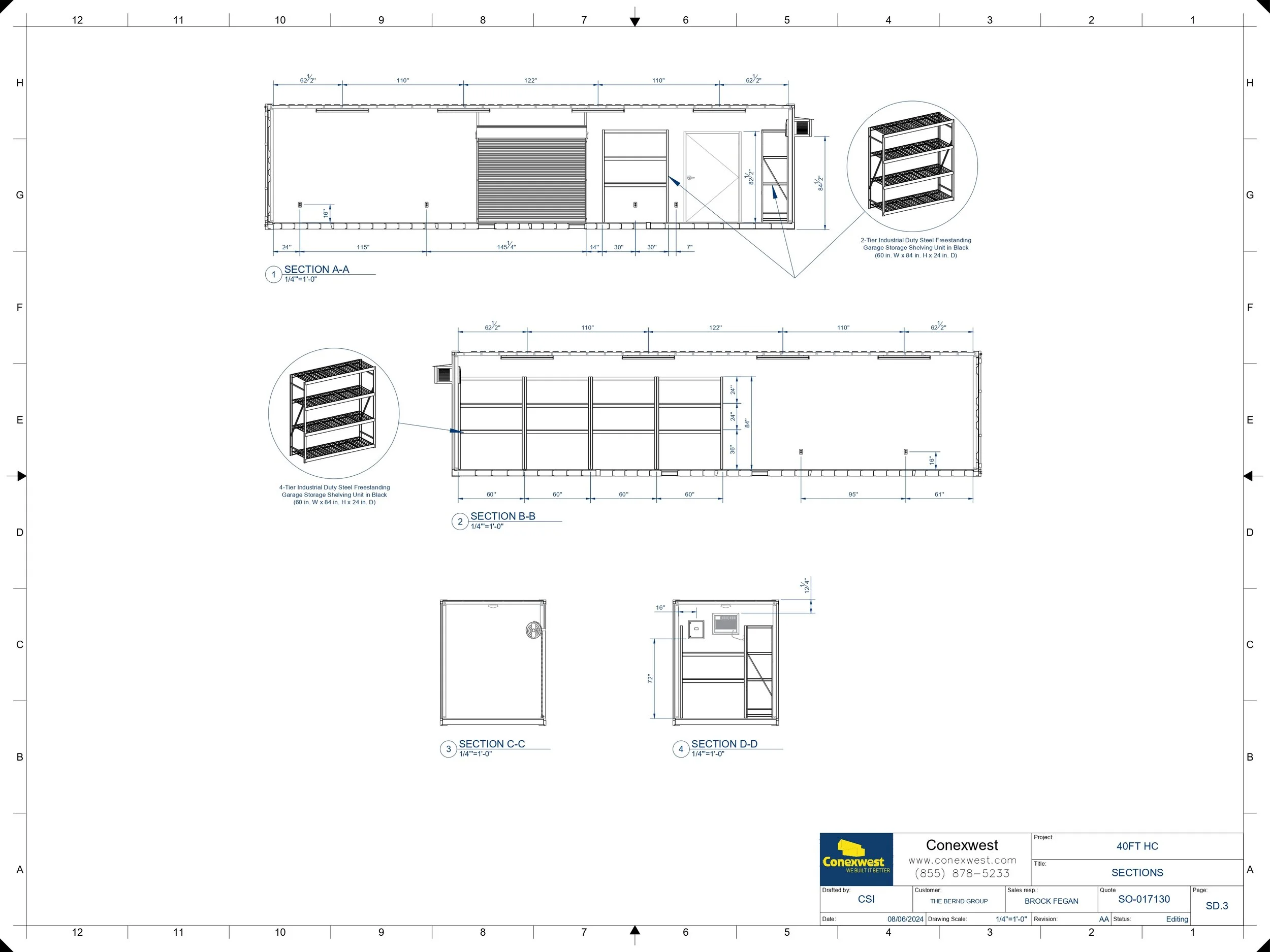 Blueprint drawings of a storage container, including sectional views and detailed shelving units.