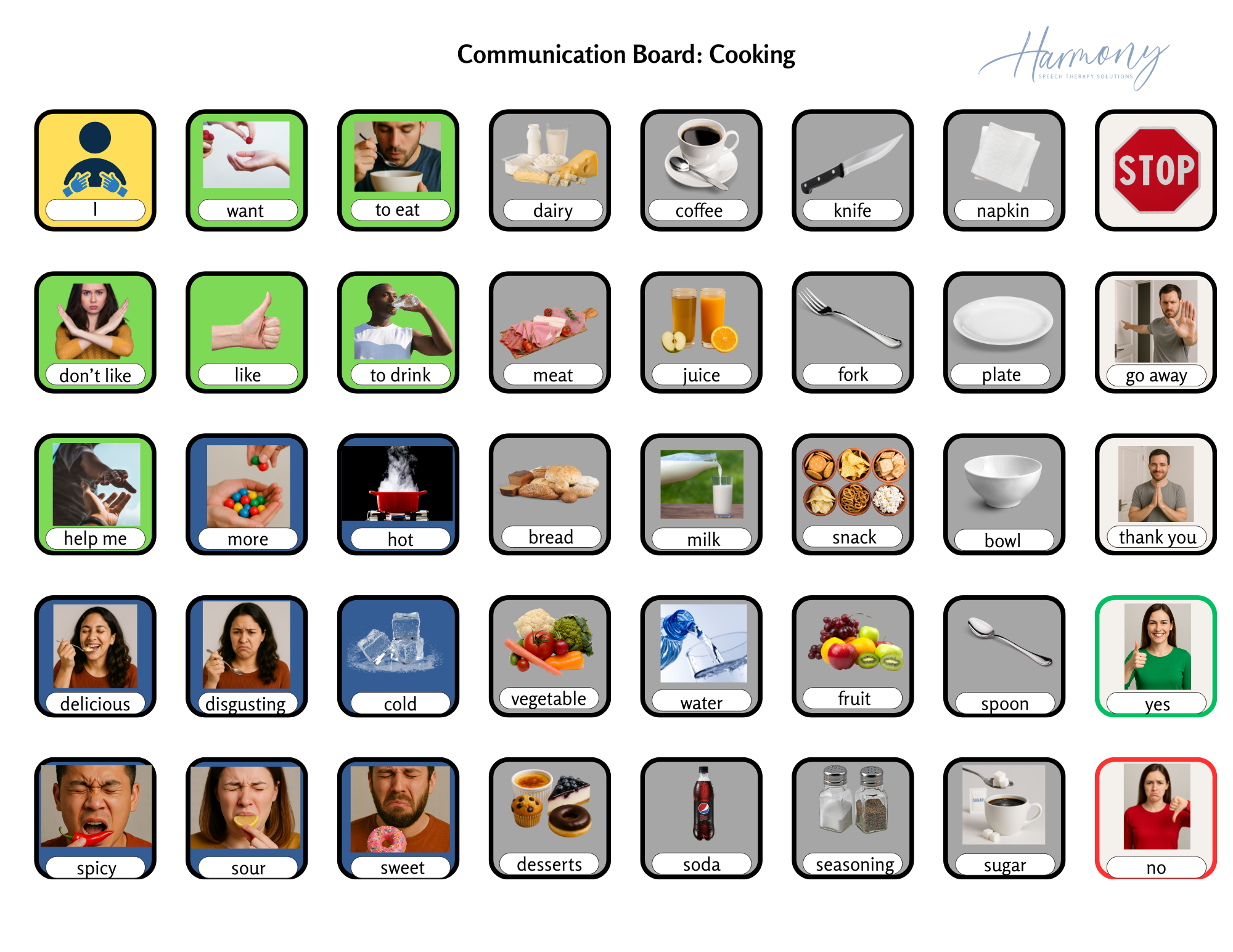 Visual aac communication board for cooking activities with icons for food and actions