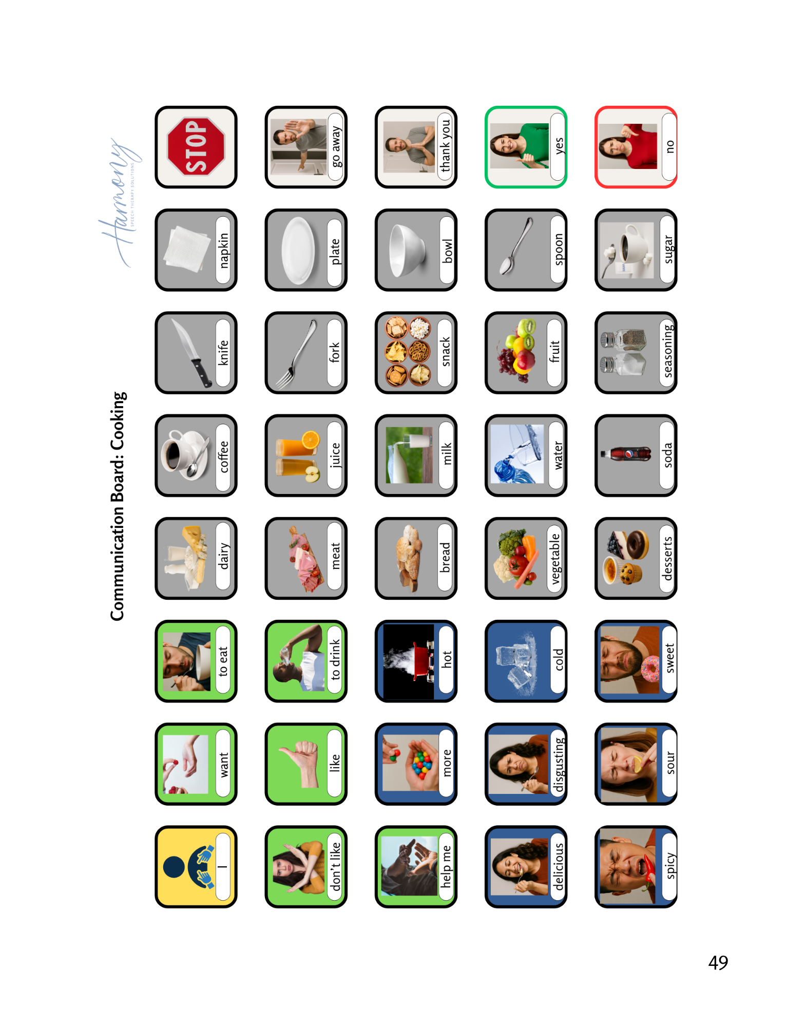 AAC communication board with picture symbols for cooking, ingredients, actions, and kitchen vocabulary