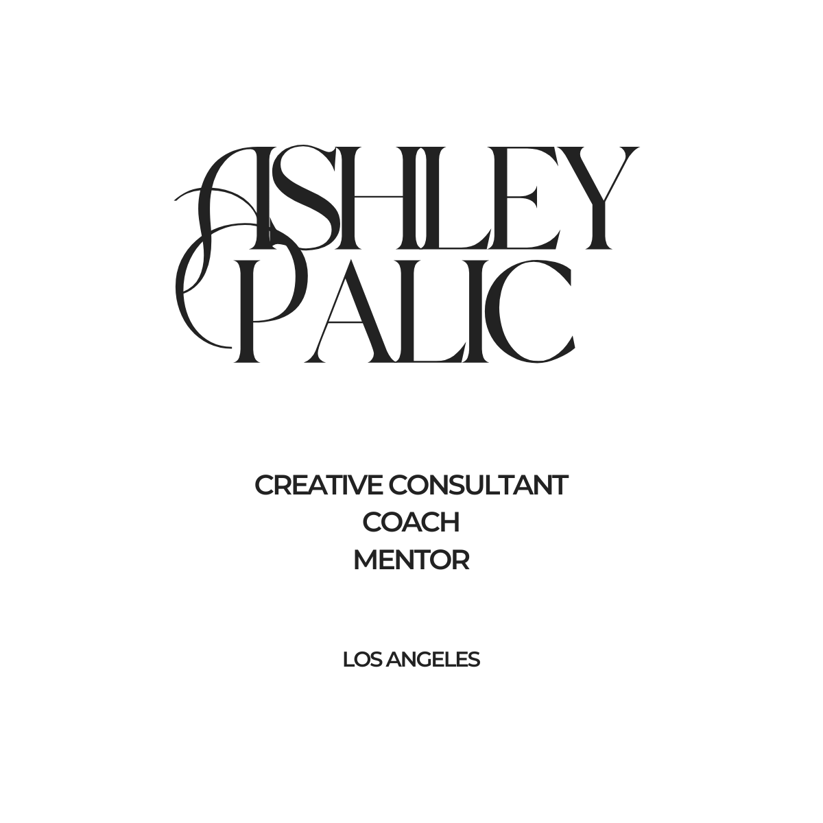 Black and white logo for Ashley Palc, with a floral design element, the name Ashley Palc, and below that: Creative Consultant, Coach, Mentor, Los Angeles.