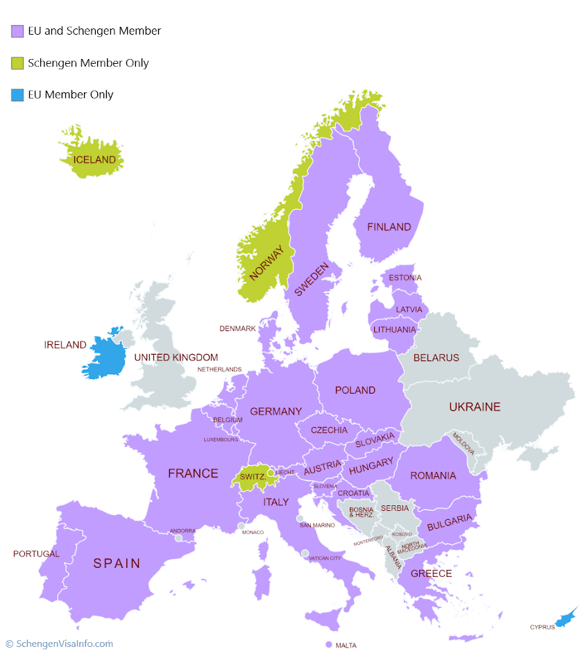 Map of Europe showing countries with different Schengen membership statuses: purple for EU and Schengen member, green for Schengen member only, and blue for EU member only.