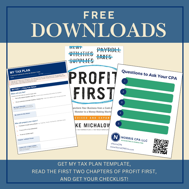 Advertisement offering free downloads of tax planning templates and resources, including a tax plan, chapters of Profit First book, and a CPA checklist, with a call to action to get these materials.