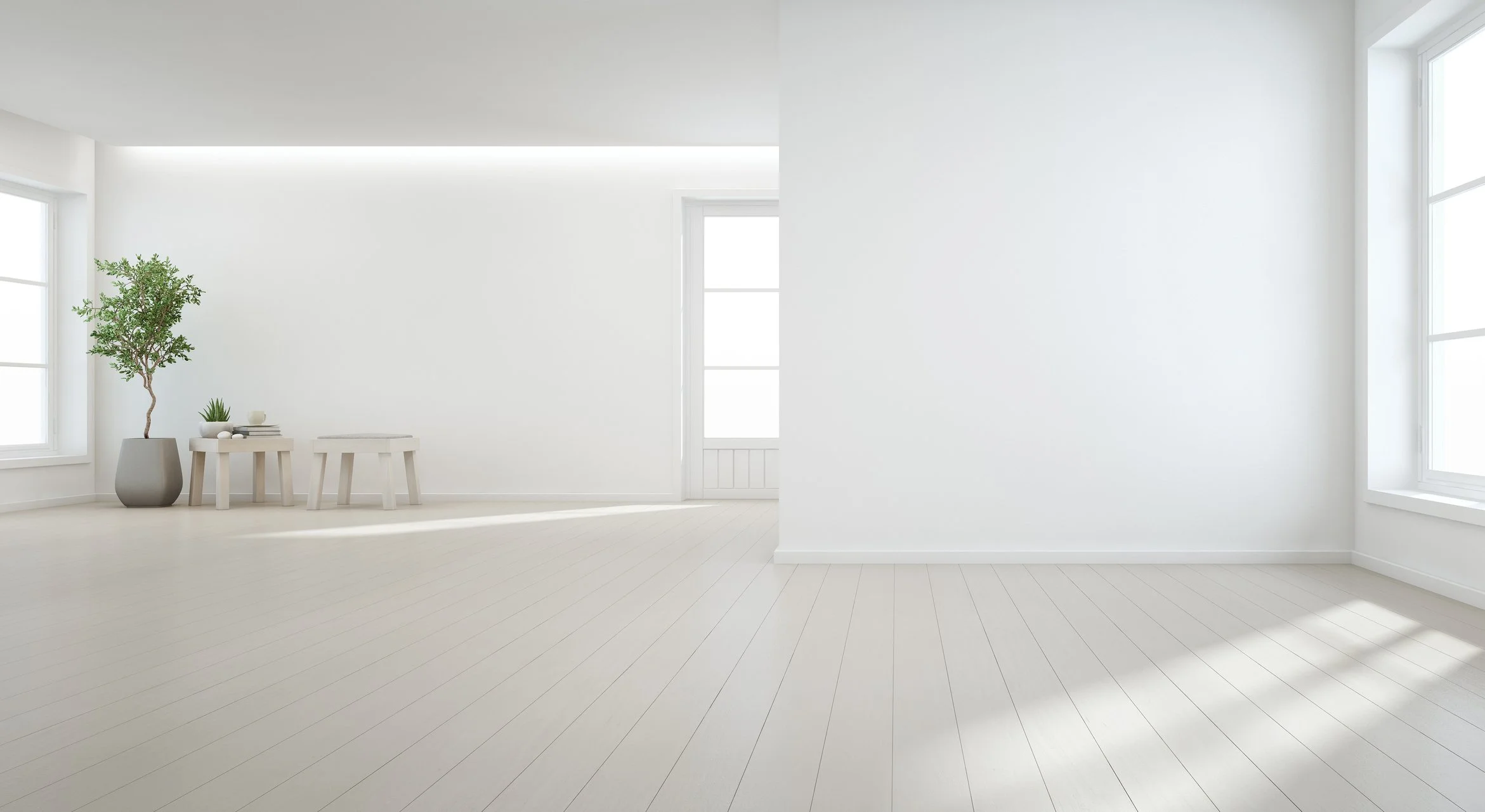 Minimalist room with white walls and light wooden floor, featuring a small table with a plant and books near a large window.