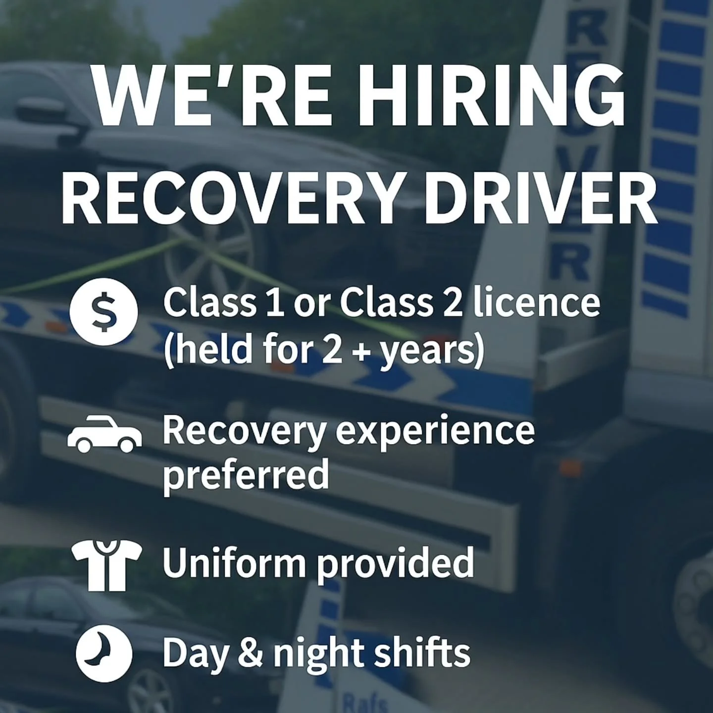 🚨 We&rsquo;re Hiring &ndash; Recovery Driver (Class 1 or Class 2) 🚨

📍 Based in Reading | Covering Berkshire &amp; M4 Corridor

Join Raf&rsquo;s Breakdown Recovery &ndash; a PAS 43 &amp; ISO 9001 certified company &ndash; and be part of our growin