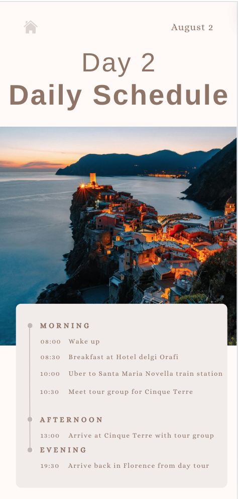 A travel itinerary page for Day 2 of a trip, dated August 2, with a scenic coastal landscape at sunset, showing cliffs, a village with illuminated buildings, and a body of water.