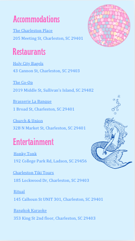 A list of Charleston, SC entertainment and accommodation options with addresses, including Honky Tonk, Charleston Tiki Tours, Ritual, Bangkok Karaoke, and others, set against a light blue background with a pink disco ball in the upper right corner.