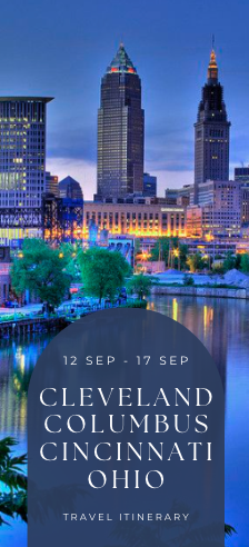 Skyline of Cleveland, Columbus, Cincinnati, and Ohio with a lake in the foreground. Text overlay with travel dates from September 12 to September 17 and listing cities and state.