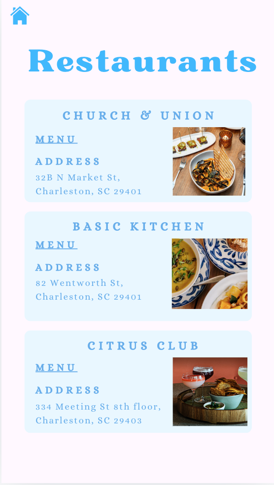 A digital menu for a restaurant with three sections: Church & Union, Basic Kitchen, and Citrus Club, each with their address and a small photo of food or drinks.