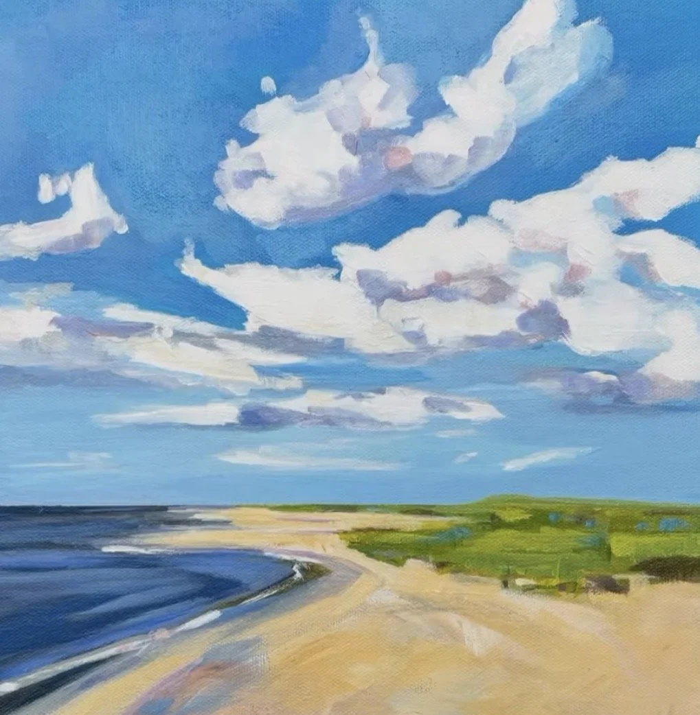 Acrylic painting of a beach sene with clouds in sky