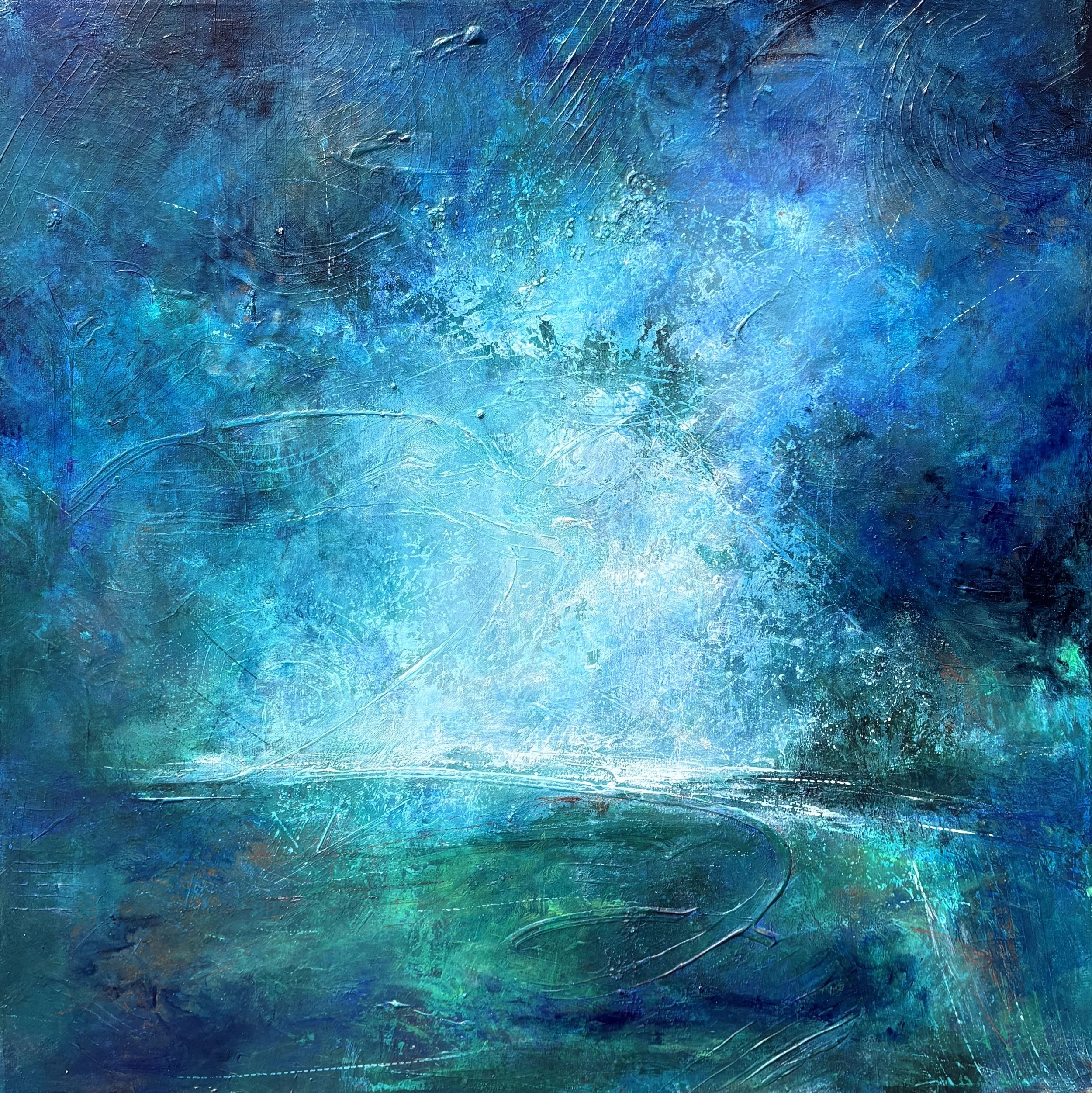 An abstract painting in shades of blue, turquoise, and greens. Impression of a shore and a stormy night sky.  The painting features textured brushstrokes and splashes of various hues blending together.