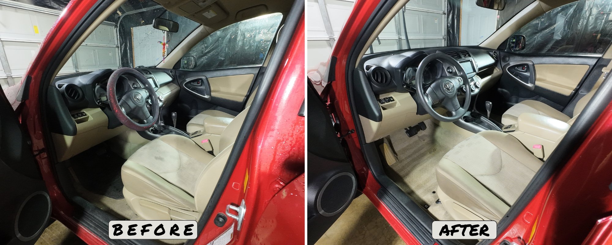Toyota Rav4 Drivers Side before and after a professional interior auto detail, carpet extraction, and stain removal by Legend Auto Detailers in Hammond, IN.
