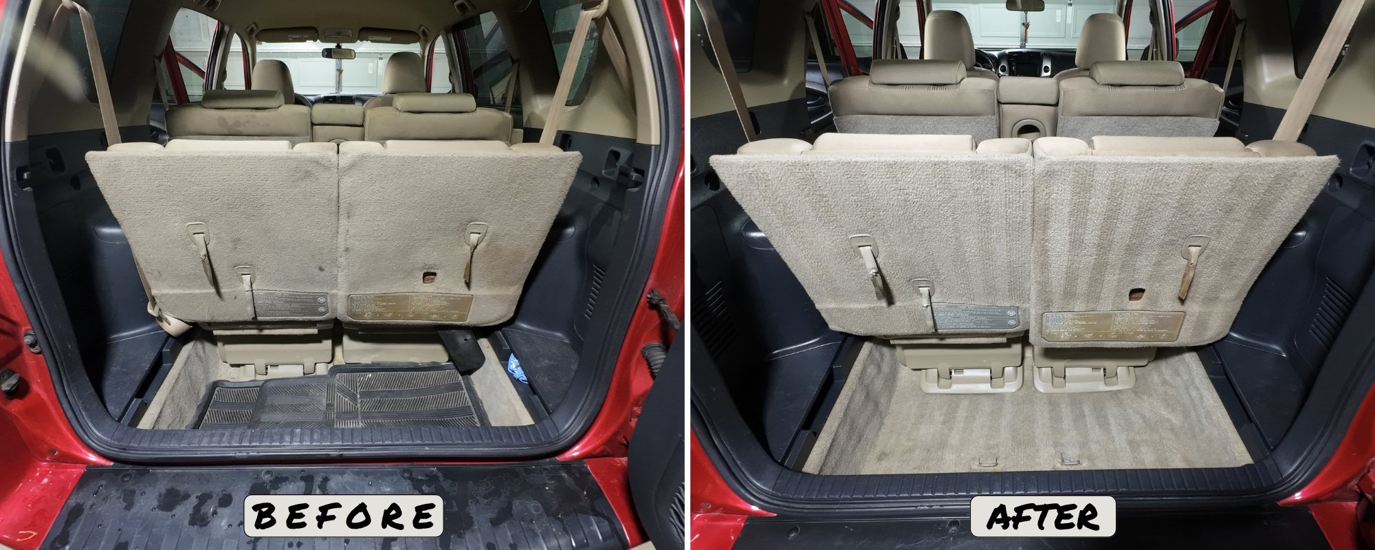 Toyota Rav4 trunk before and after a professional interior auto detail, carpet extraction, and stain removal by Legend Auto Detailers in Hammond, IN.