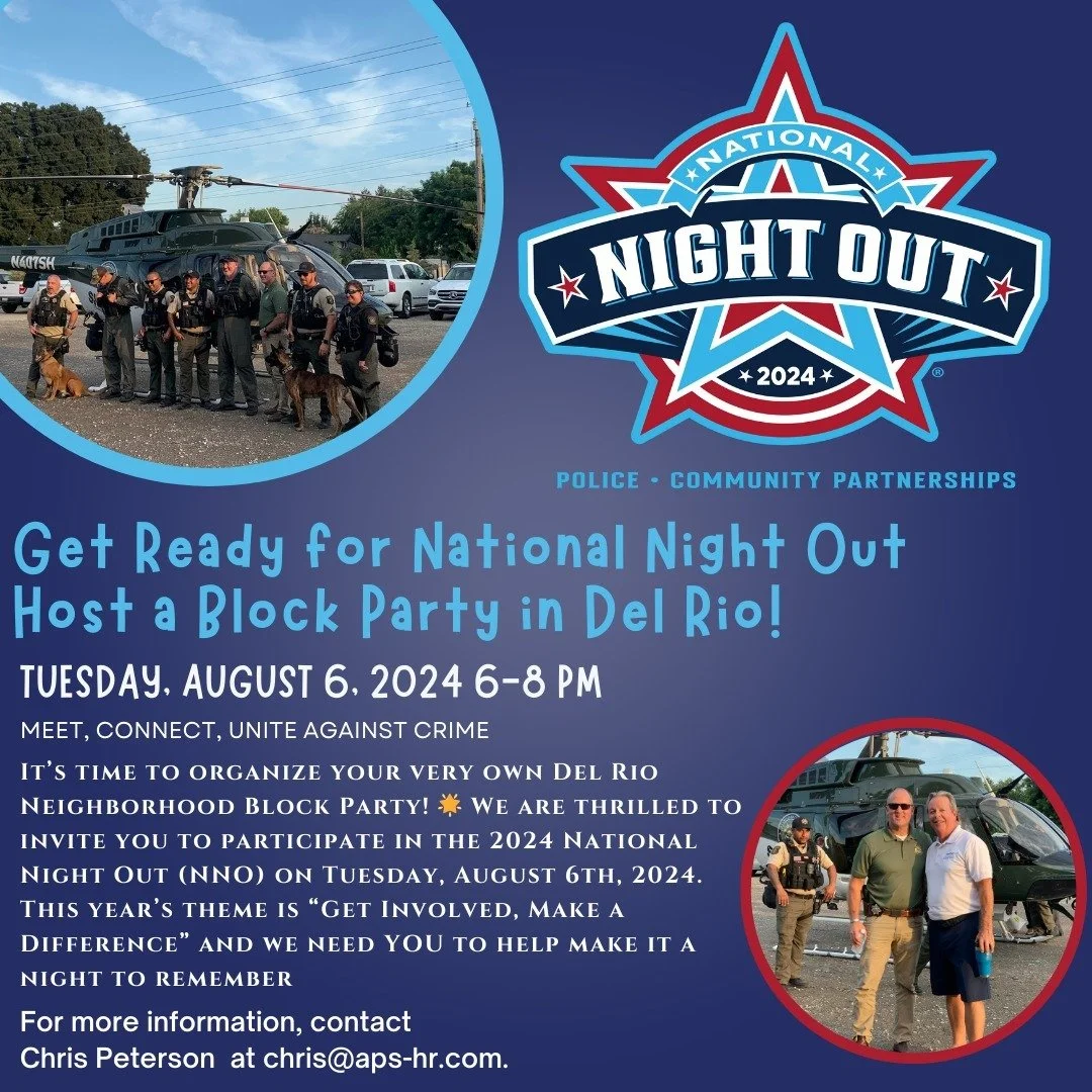 🎉 Get Ready for National Night Out: Host a Block Party in Del Rio! 🎉

Hello Del Rio Neighbors! 🌟 Join us for the 2024 National Night Out on Tuesday, August 6th, from 6 PM to 8 PM. This year&rsquo;s theme is &ldquo;Get Involved, Make a Difference,&