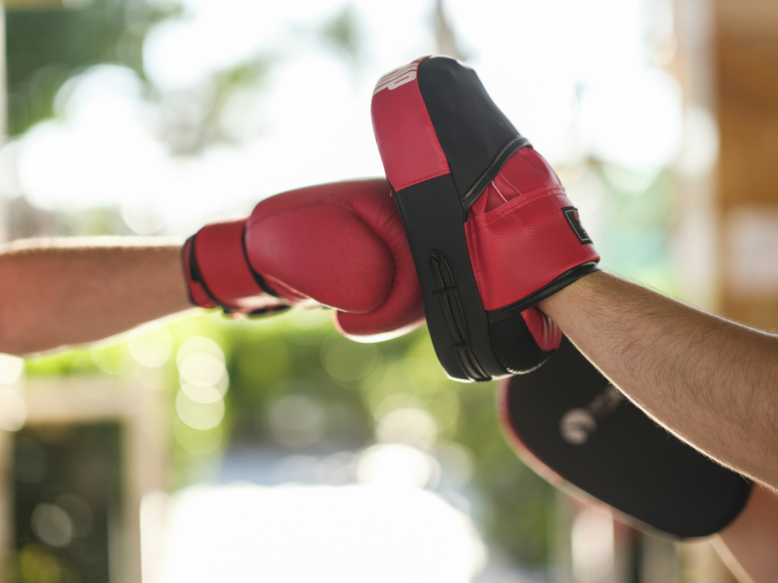 Close-up of a person wearing red and black boxing gloves, possibly practicing boxing or training outdoors, with a blurred background of green and white colors.