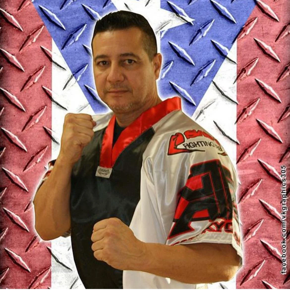 A man in fighting sports attire standing in a fighting pose in front of a background with a graphic design of the American flag over a metal textured surface.
