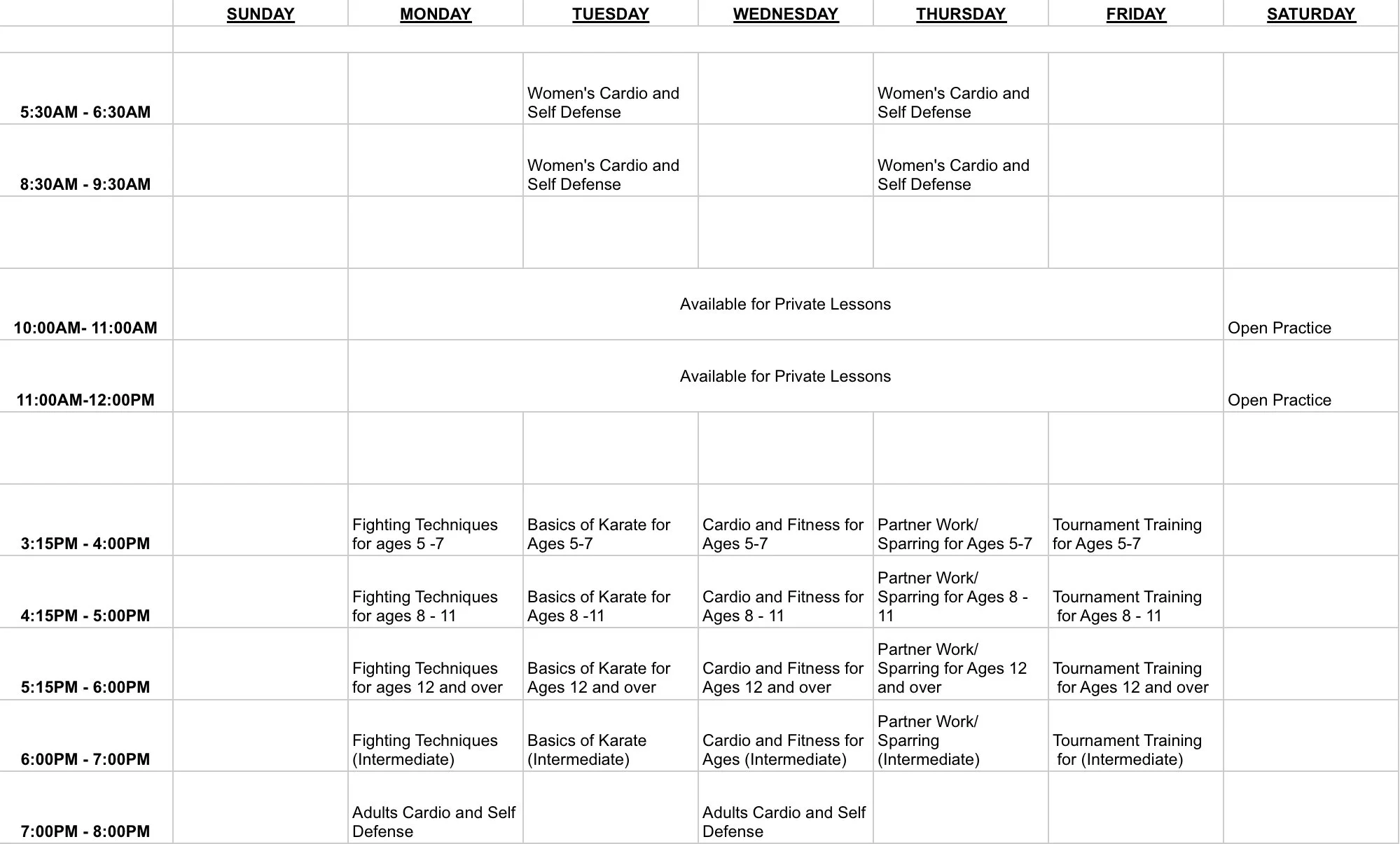 Weekly schedule grid showing class times for women's cardio, self-defense, karate, fighting techniques, partner work, sparring, and tournament training, with specific times and age groups listed.