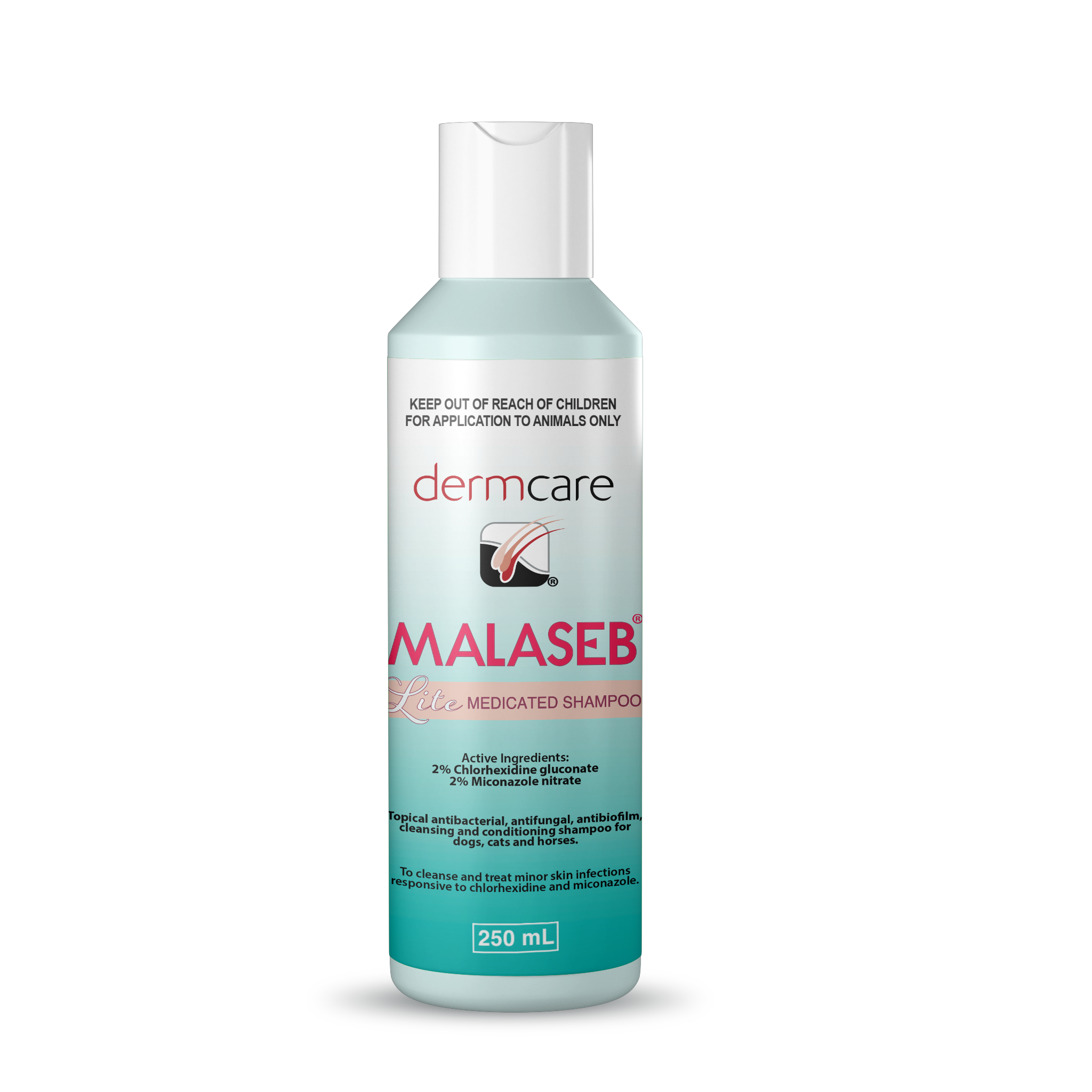 Dermcare Malaseb® Lite Medicated Shampoo. For use with Cats and Dogs. Active Ingredients: 2% Chlorhexidine gluconate and 2% Miconazole nitrate.