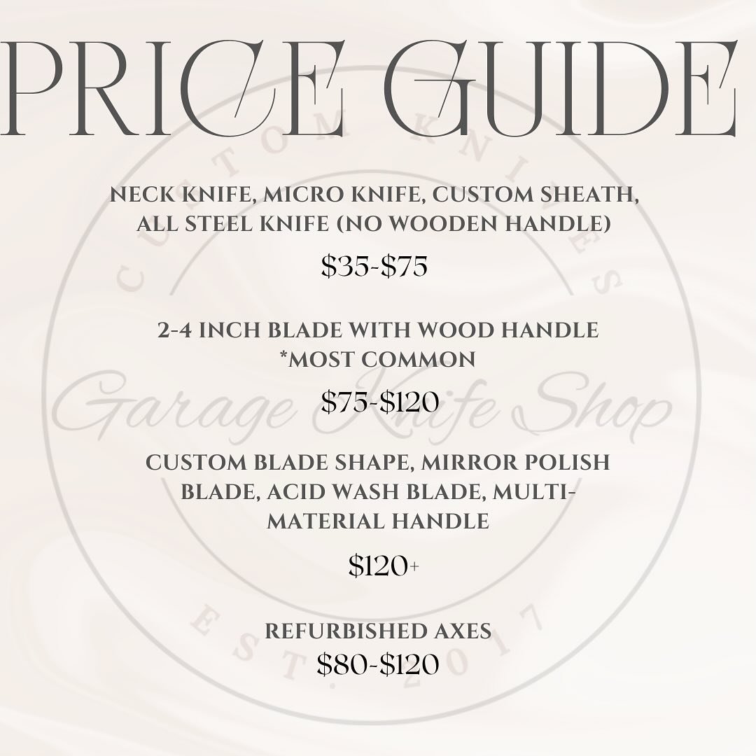 Getting a lot of questions about pricing recently&hellip; here is a general price guide. Shoot me a message if you have questions or see my highlights for some examples

#knife #knives #edc #garageknifeshop #knifelife #easttennessee #handmade #knifem
