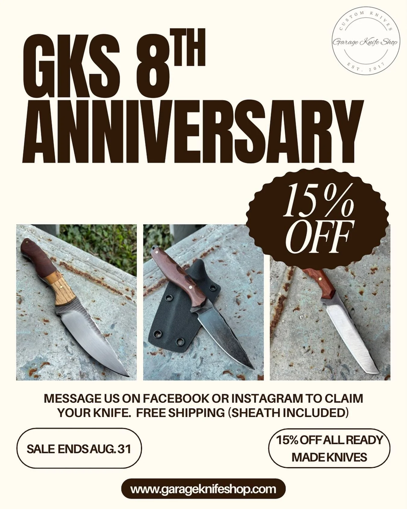Tomorrow (August 27th) marks 8 years since I started making knives. Back then, it was just me on a folding table out on the back porch, working on a piece of garage door with a handful of cheap hand tools. 

To celebrate how far things have come, I&r