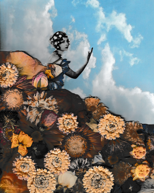 A creative collage featuring a vintage woman figure with a raised hand, against a cloudy sky background, surrounded by various sunflowers and floral elements.