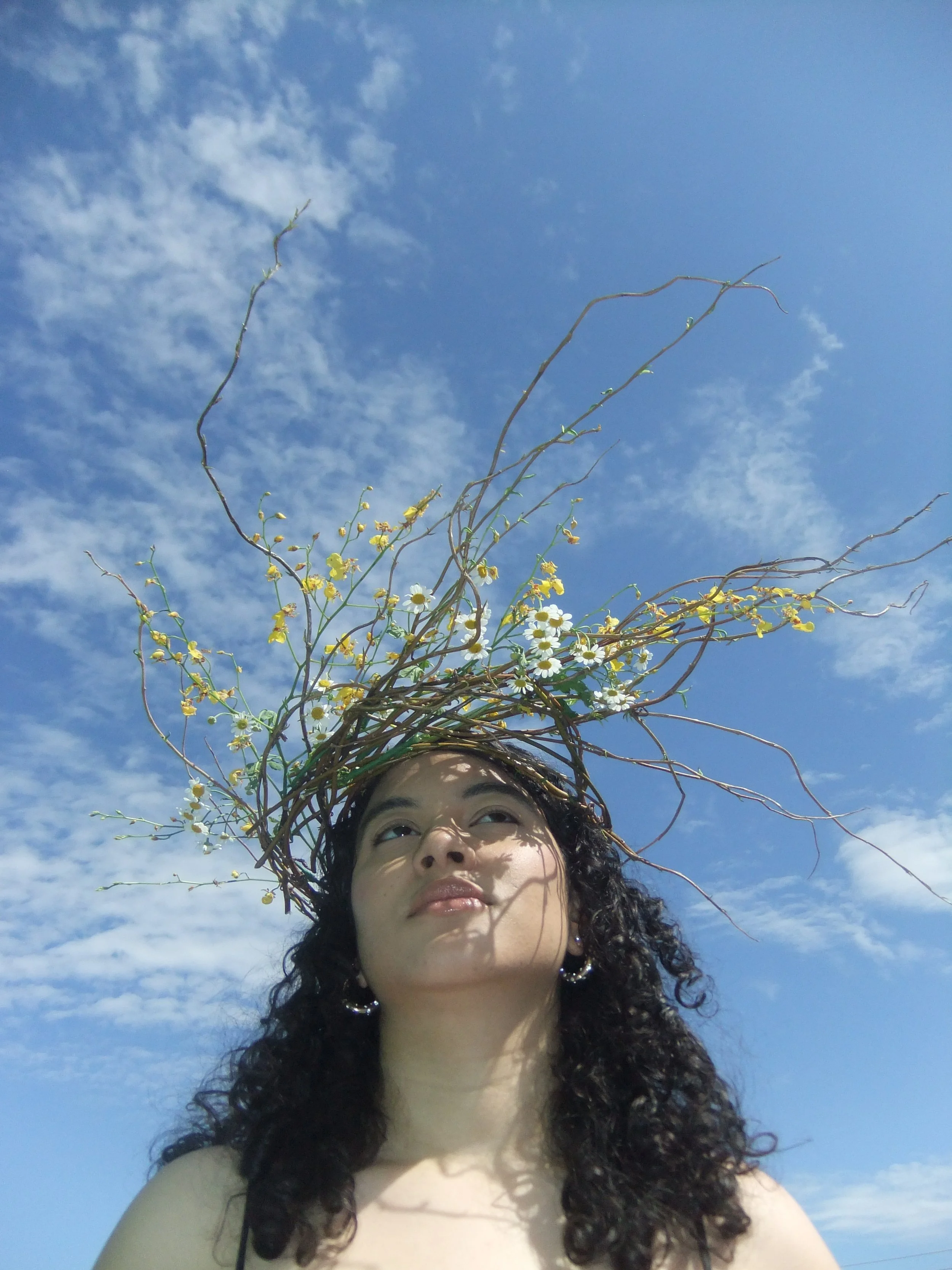 Young woman with curly hair and pearl earrings wearing a crown made of twigs, flowers, and branches against a blue sky with clouds.
