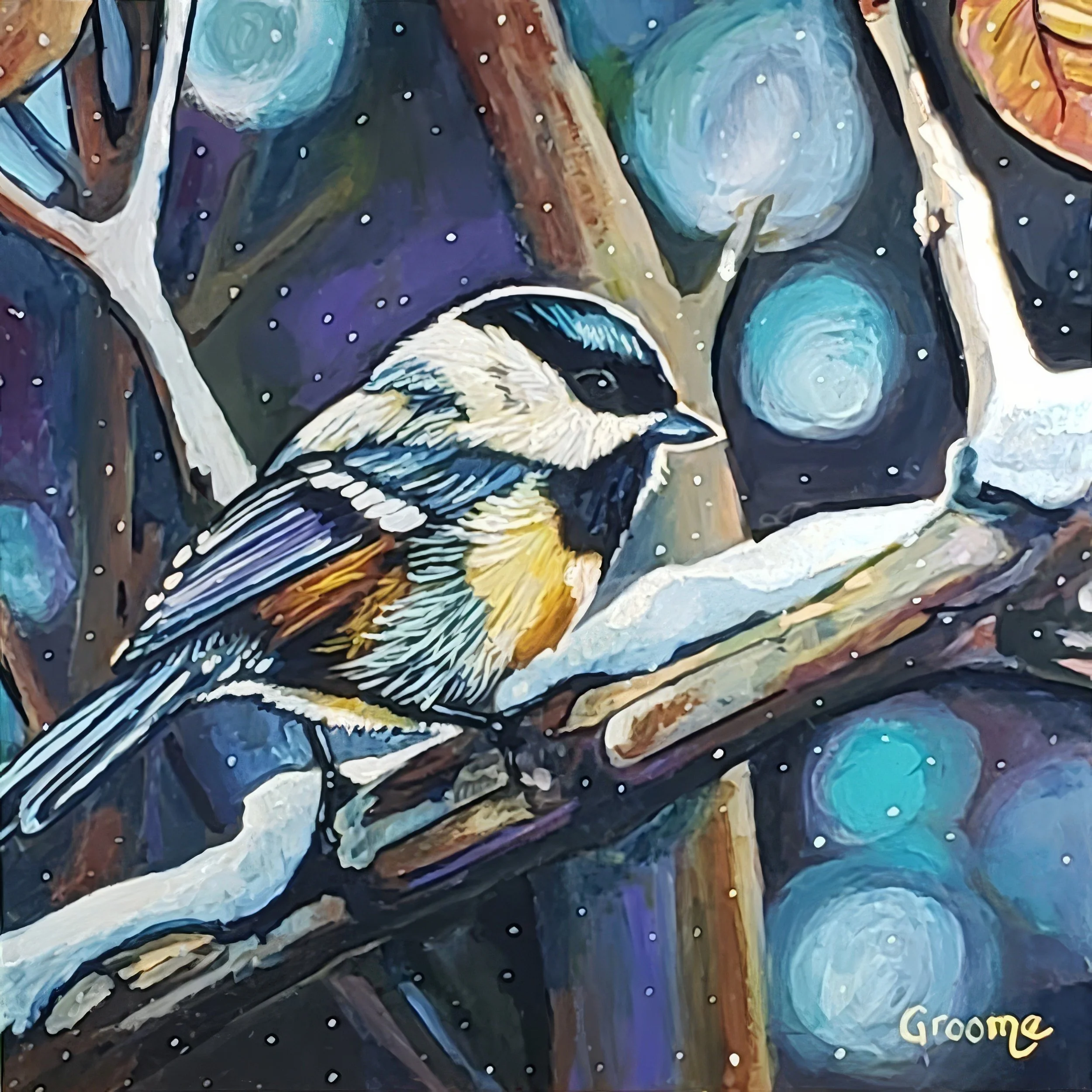 Chickadee Snowfall, 6x6, Clayboard, Oil.jpg