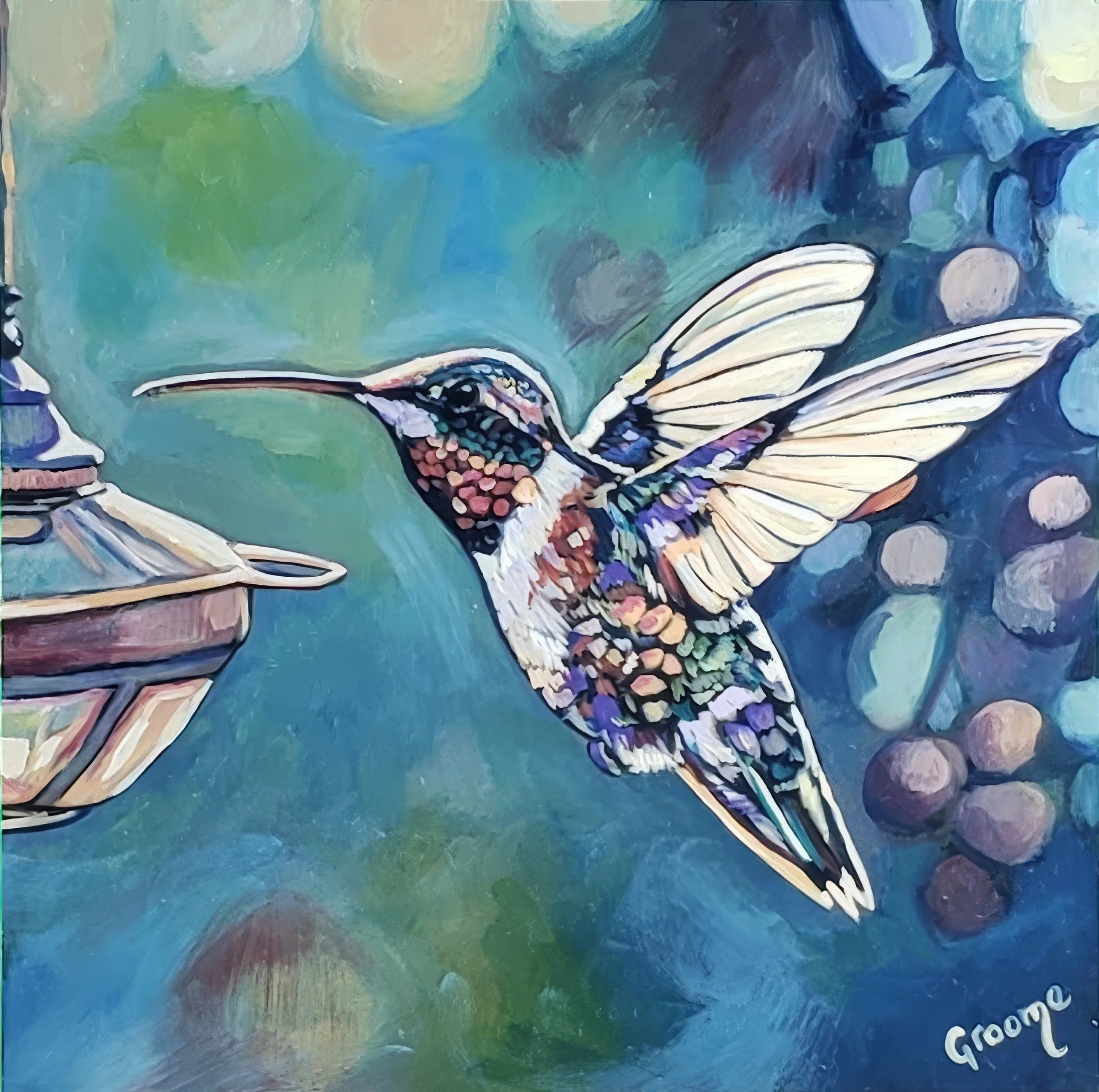 Hummingbird in Flight, 6x6, Clayboard, Sold.jpg