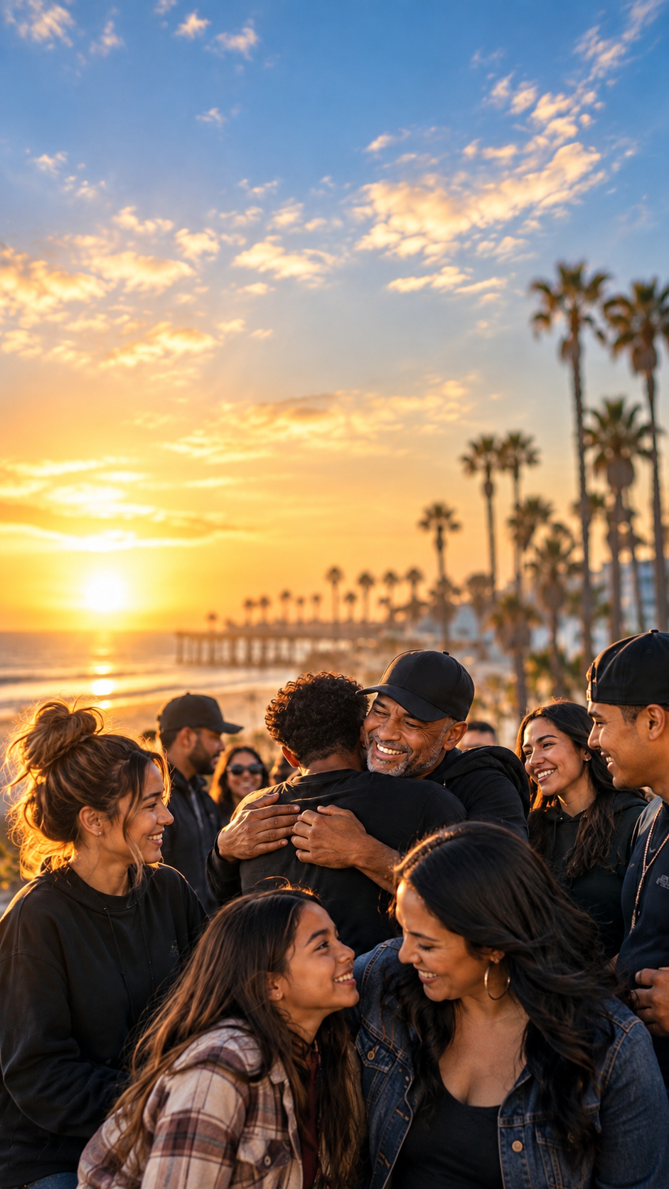 A diverse group of people at the beach during sunset, smiling and hugging each other, with palm trees and the ocean in the background.