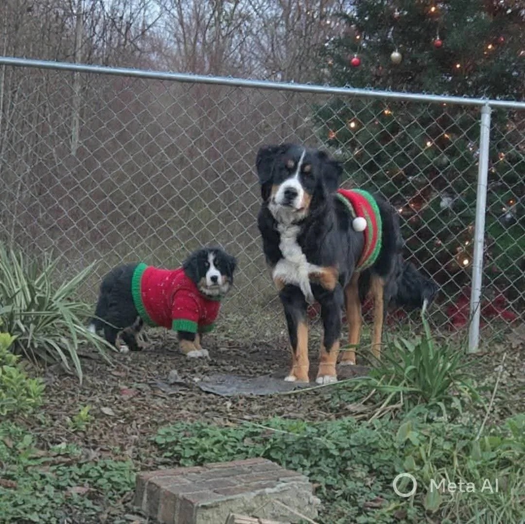 Two dogs wearing Christmas sweaters standing in a garden near a Christmas tree with ornaments.
