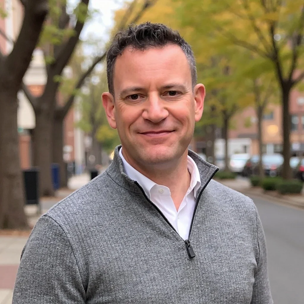 A man smiling outdoors during fall in a neighborhood with trees and buildings.